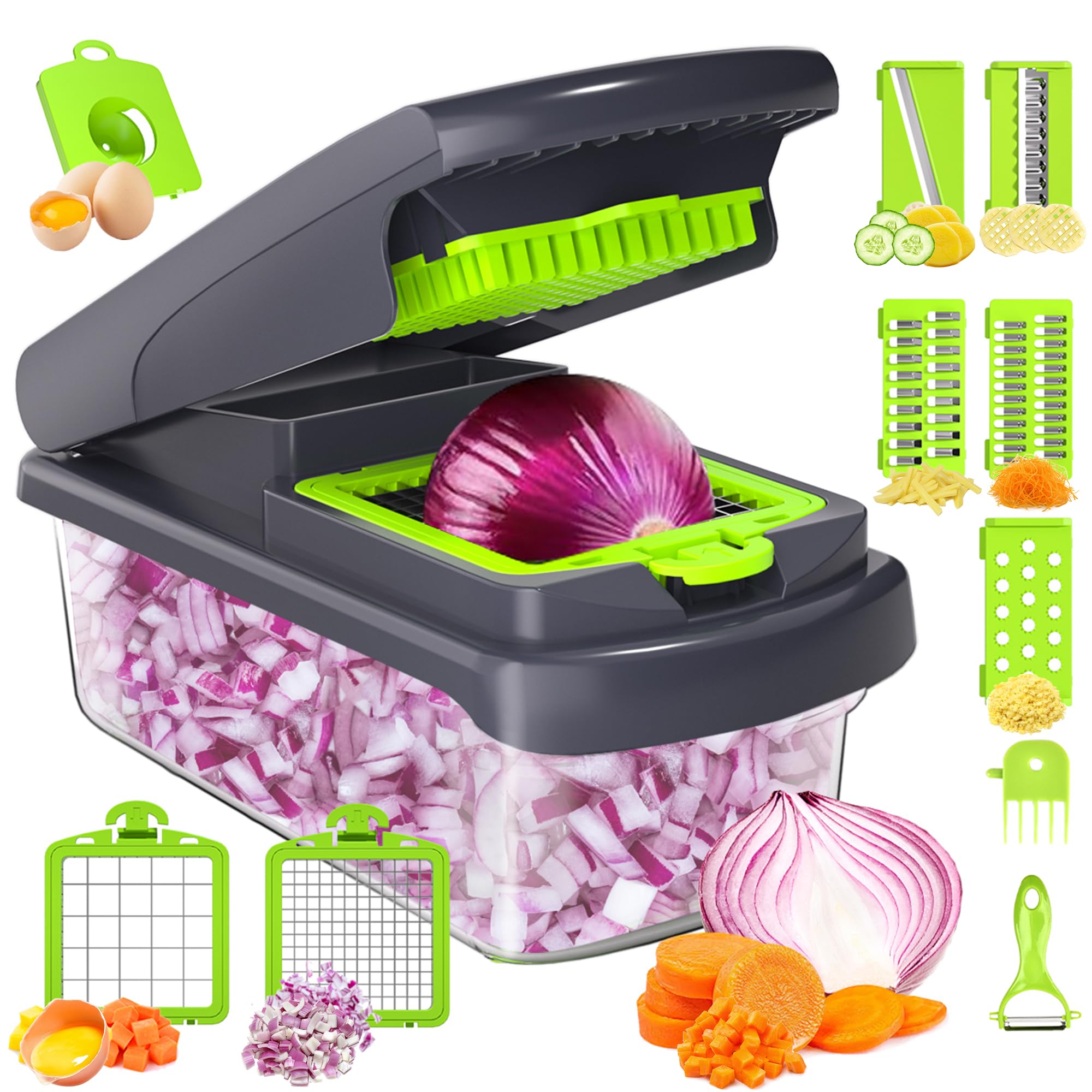Romon Vegetable Slicer, Slicer, Vegetable Cutter, 15 in 1 Multifunctional Vegetable Slicer & Cutter, Manual Vegetable Cutter for Cubes, Pens, Slices, Strips & Quarters
