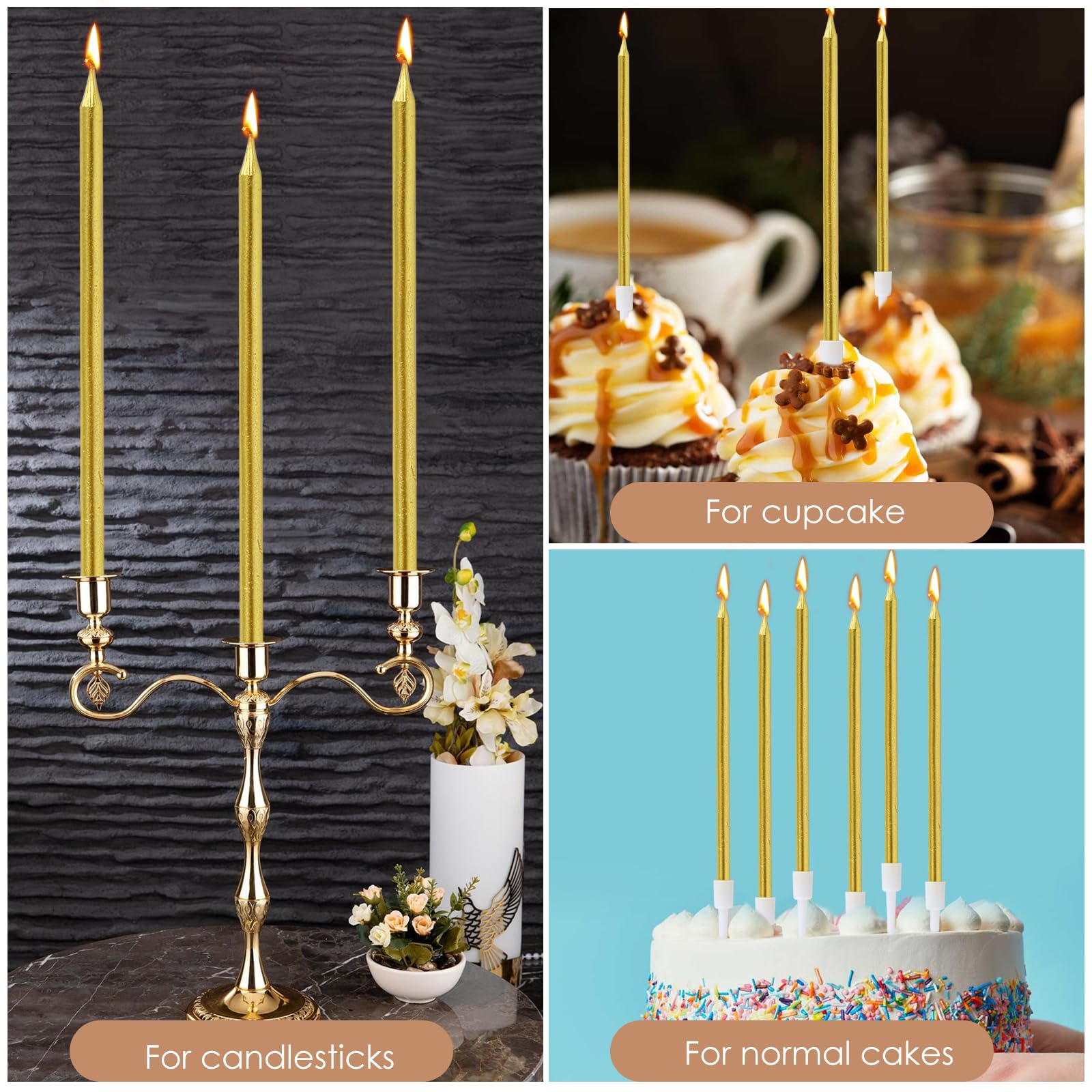 Bougies Anniversaire Dorée 36 Pièces avec Supports Longues et Fines Gold pour Gâteau Fête
