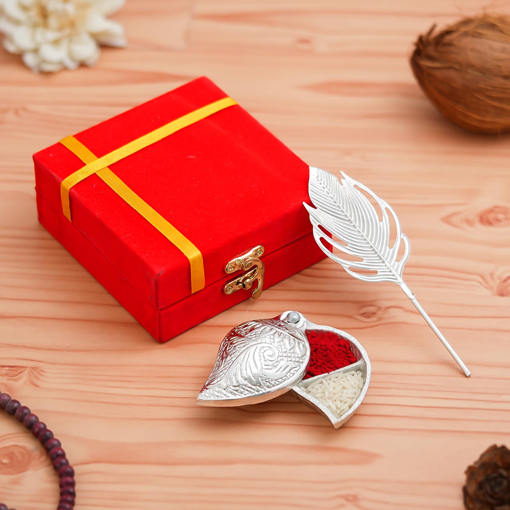 Webelkart Premium Silver Kumkum Box With Leaf And Red Velvet,Roli|Chawal|Chandan|Haldi|Kumkum Puja Box|Sindoor Box- Diwali Gift Item,Roli Chawal Box (Antique) 4