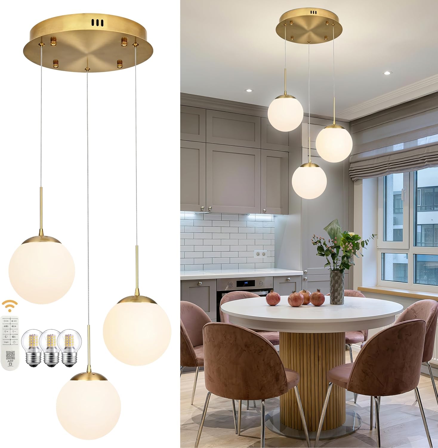 KoKo&Yukina 3-Light Globe Glass Pendant Light Modern Gold Globe Chandelier Adjustable Length Pendant Light Fixtures Milky White Glass Lights Fixture for Hallway Living Room Bedroom