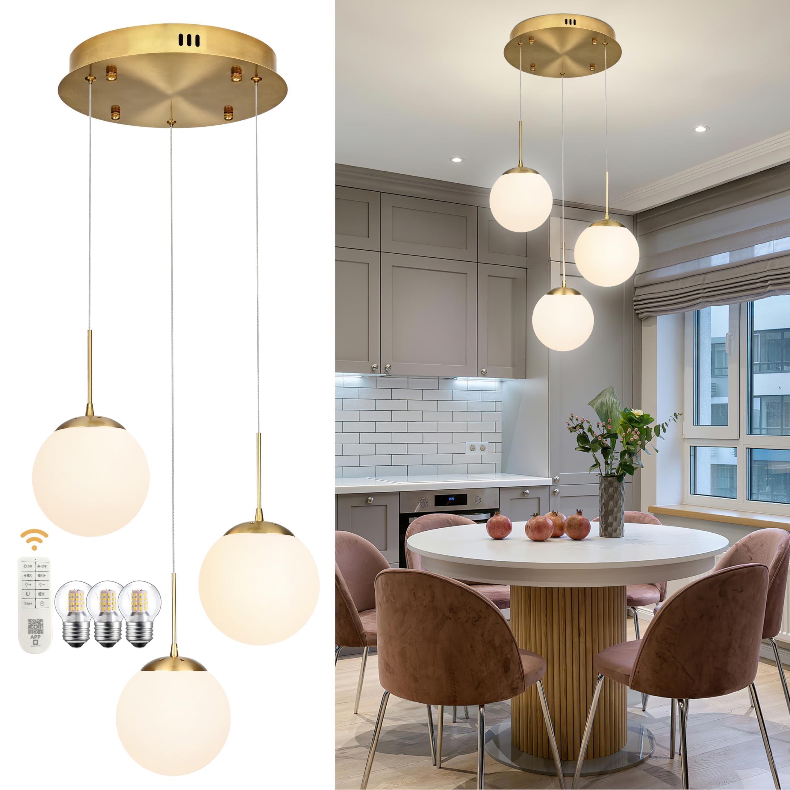 koko&yukina 3-light globe glass pendant light modern gold globe chandelier adjustable length pendant light fixtures milky white glass lights fixture for hallway living room bedroom