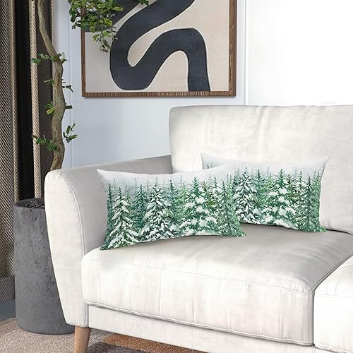 Miniatura 6 de Juego de 2 fundas de almohada lumbar de invierno con árboles de Navidad de pino de 12 x 20 pulgadas, diseño de bosque verde nieve, fundas de cojín