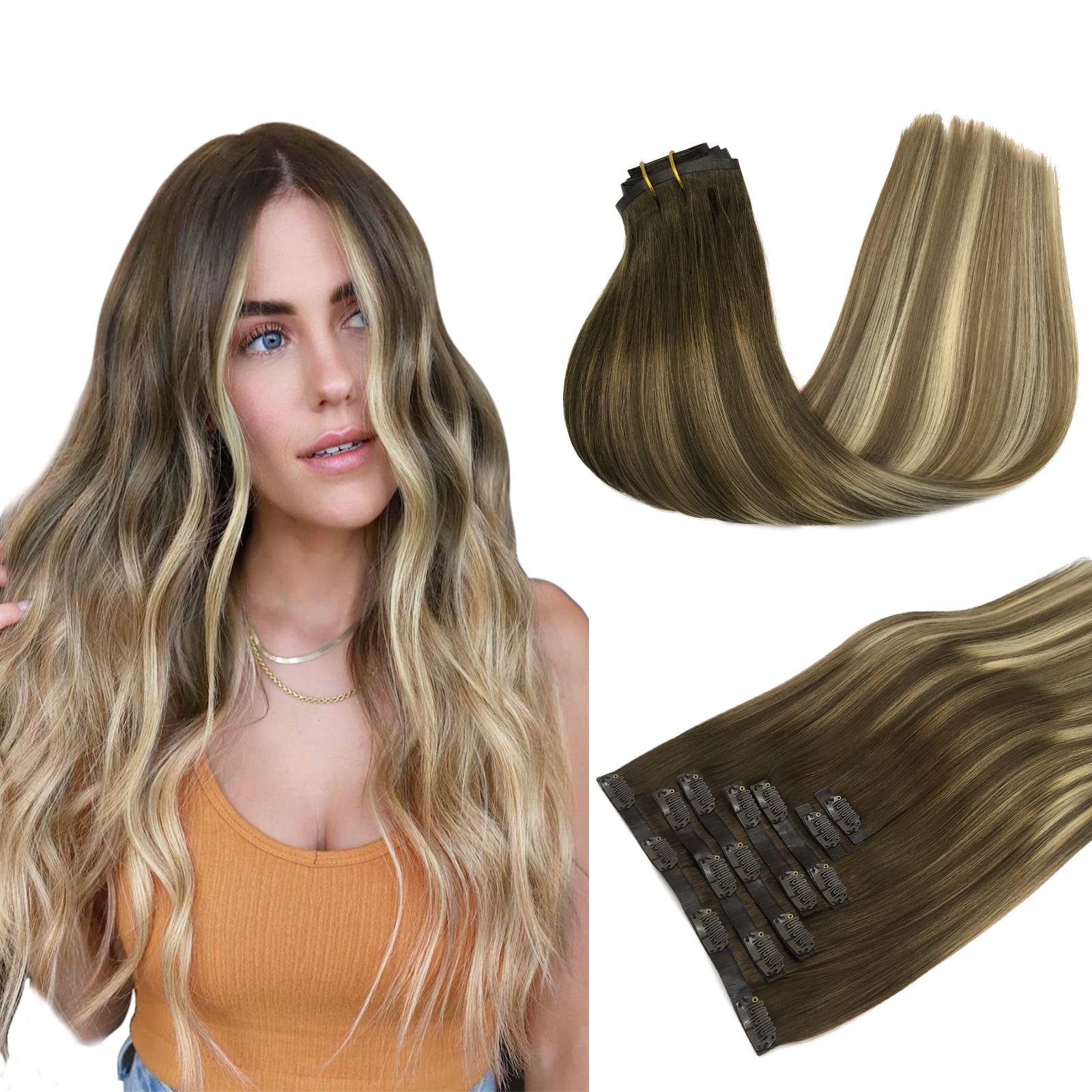Hair Extensions Clip in Human Hair, 110g 7pcs Balayage Walnut Brown to Ash Brown and Bleach Blonde 18 Inch, MAXITA Clip in Hair Extensions Seamless