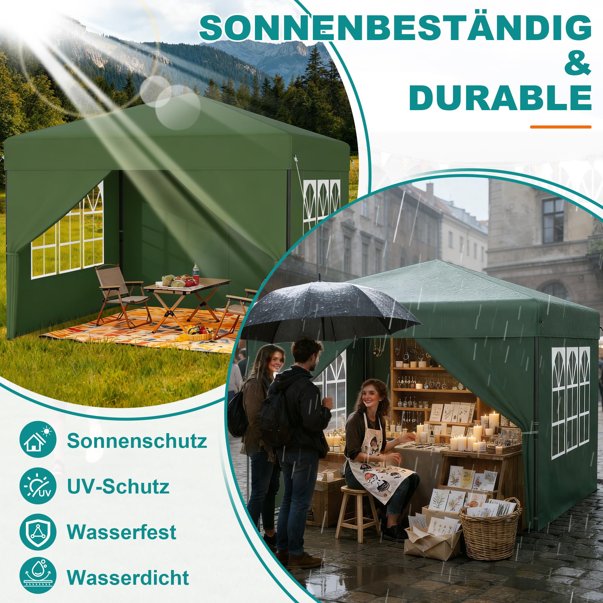 ACXIN Gazebo 2,5 x 2,5 m tenda pop-up pieghevole con 3 livelli di altezza regolabile, tenda per feste con tetto argento-Oxford, gazebo da giardino con corde picchetti e borsa per il trasporto (verde