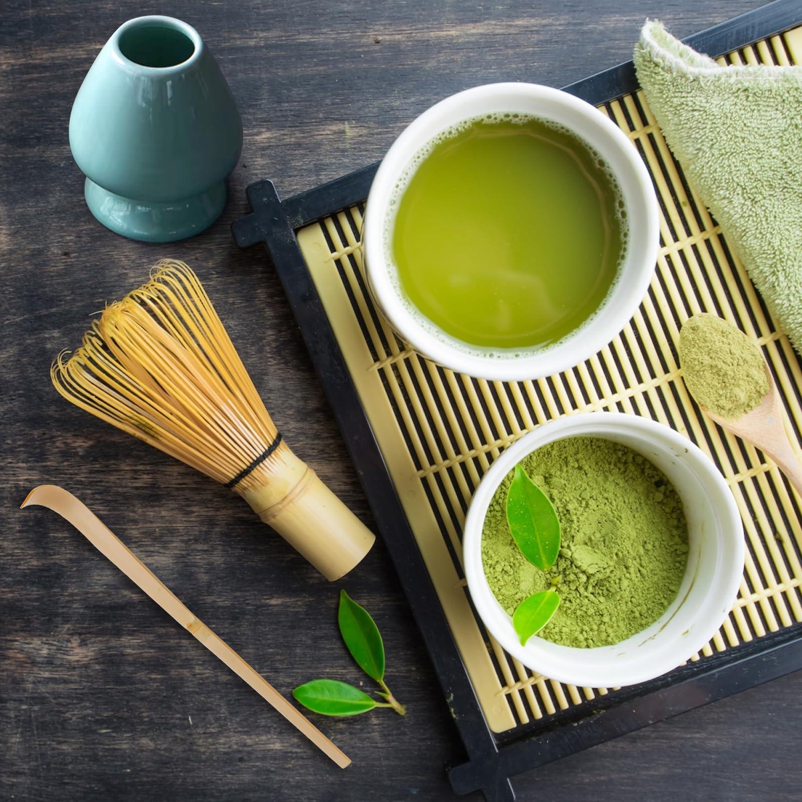 MA-01 Accesorio de Ceremonia de Matcha Japonés, Batidor, Chasen, Batidor Chasen de Bambú Tradicional de 100 Varillas té Matcha, para té Verde y Bebidas en Polvo, Juego de 3 Piezas