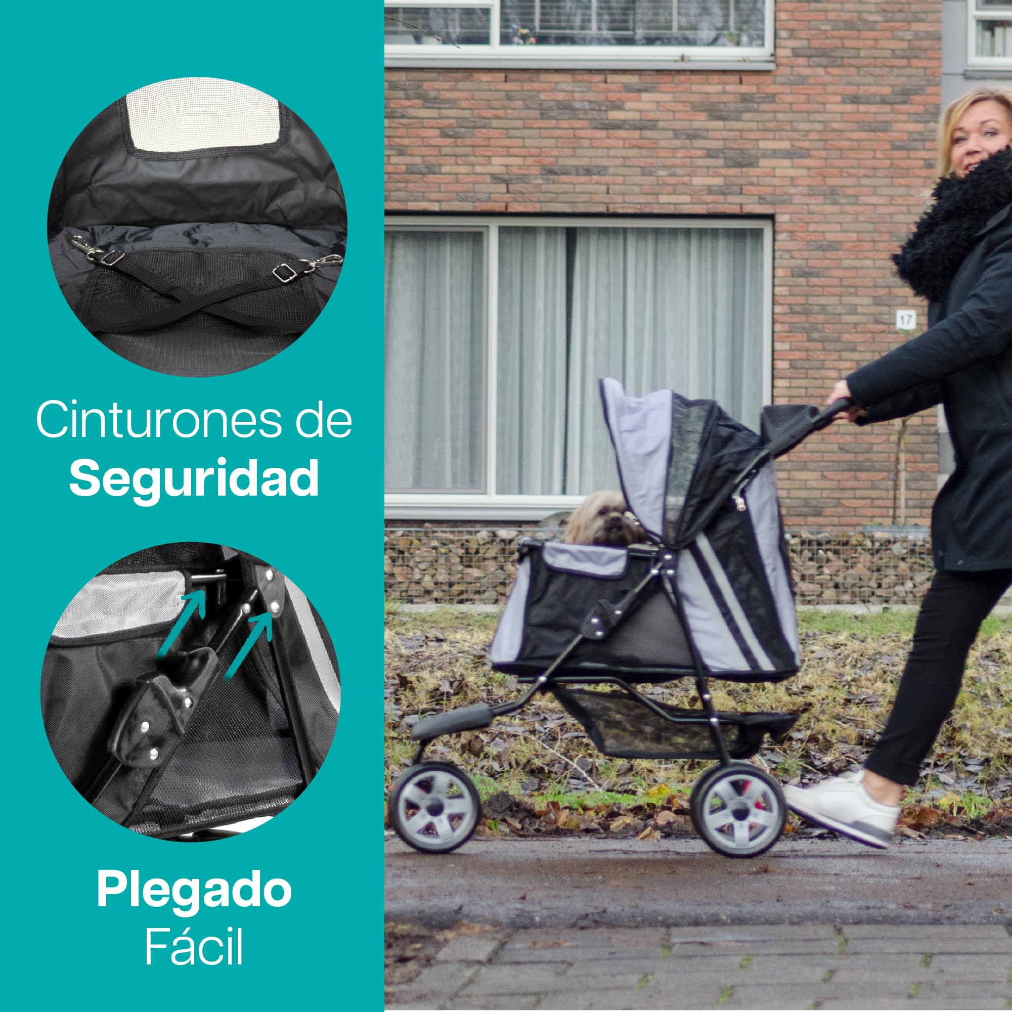 Innopet All Terrain negro/plata - Carrito de 3 ruedas para perros y gatos hasta 12,5kg, con ruedas EVA, plegado fácil y portavasos