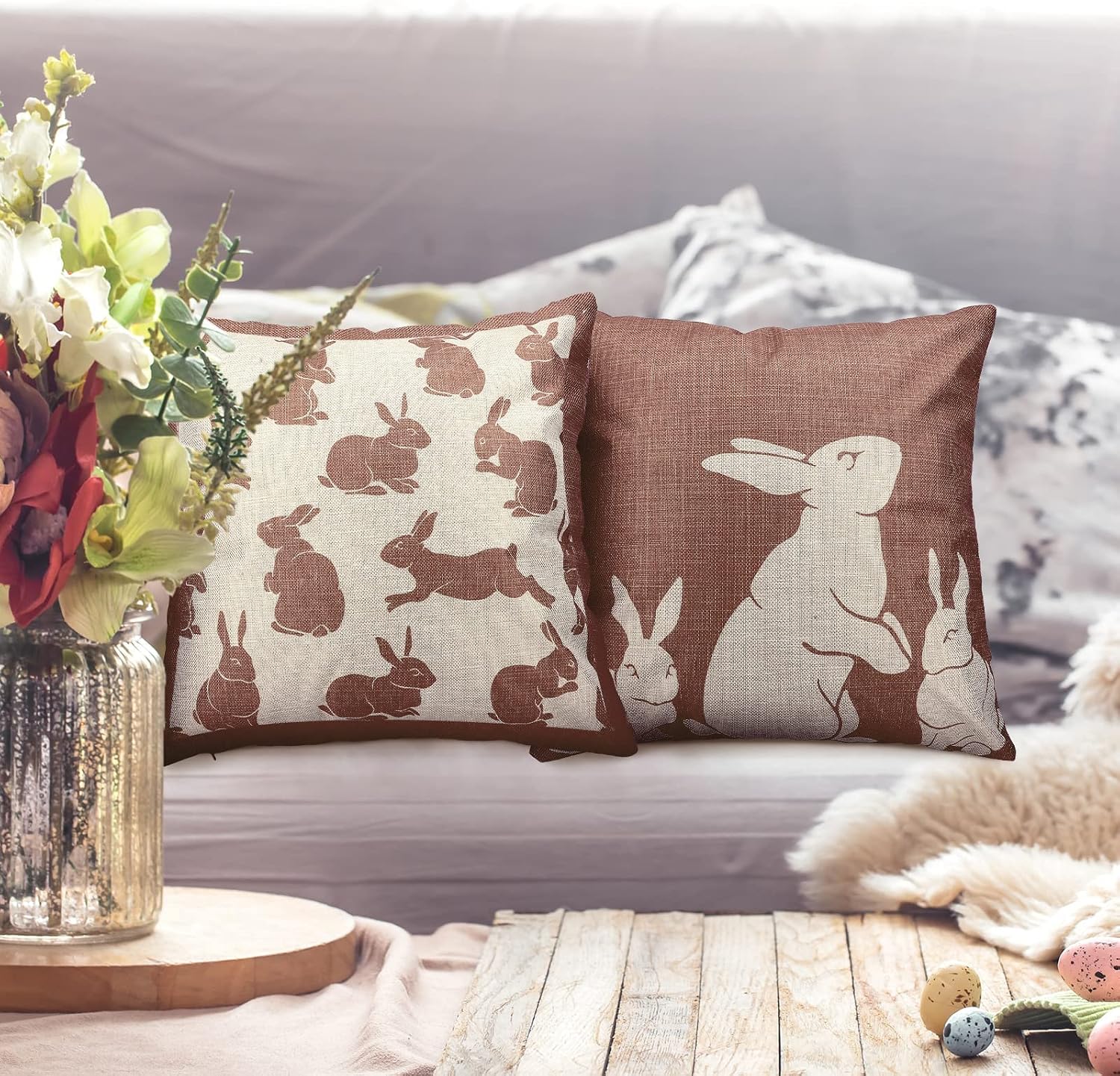 4 Pieces Happy Easter Throw Pillow Covers Rabbit Bunnies Cushion Pillowcase Beige and White Rabbits Pillowcase Cushion Cover for Easter Bedroom Sofa Decorations (18 x 18 Inch)