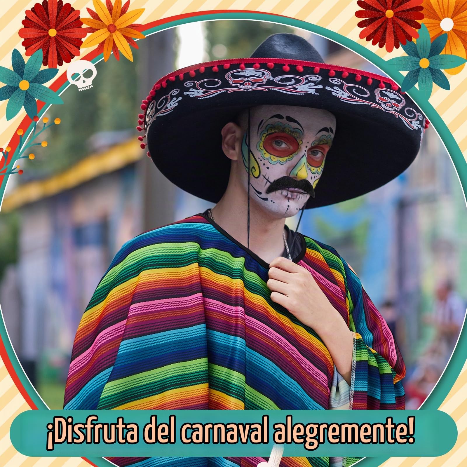 Hicarer Set de 3 Disfraces de Carnaval Mexicanos Poncho Mexicano Colorido Sarape de Fiesta Festivo Bigote Divertido Cigarro Falso para Hombre Mujer Adulto Cosplay Traje Accesorio (Color brillante)