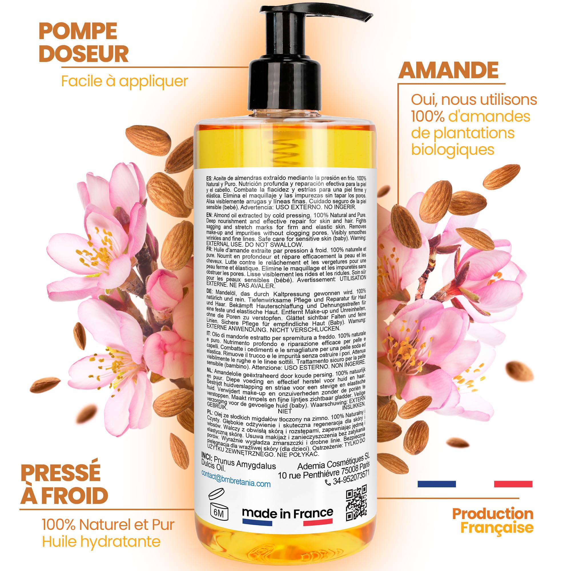 Huile Amandes Douces Pressée à Froid 5000 ml, Anti-vergetures, Hydratante, Soin Cheveux, Ongles, Cuticules, Démaquillante Naturelle