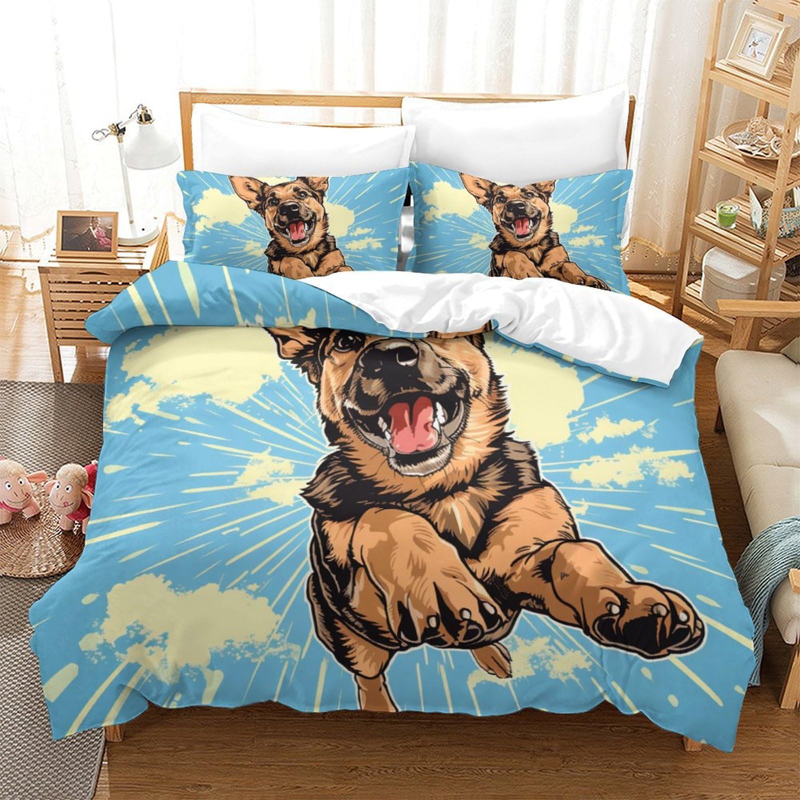 Parure de lit motif berger allemand 3 pièces housse de couette super king 260x220cm et taies d'oreiller