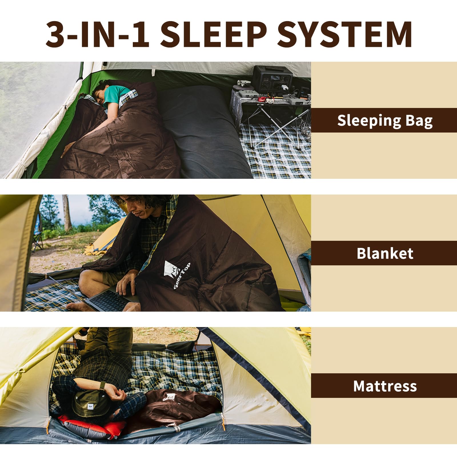 GEERTOP Sleeping Bag XXL 4 Seasons Flannel Camping Sleeping Bag Plus Size 220 x 100 cm for Adults Outdoor Backpacking Hiking (Brown) 