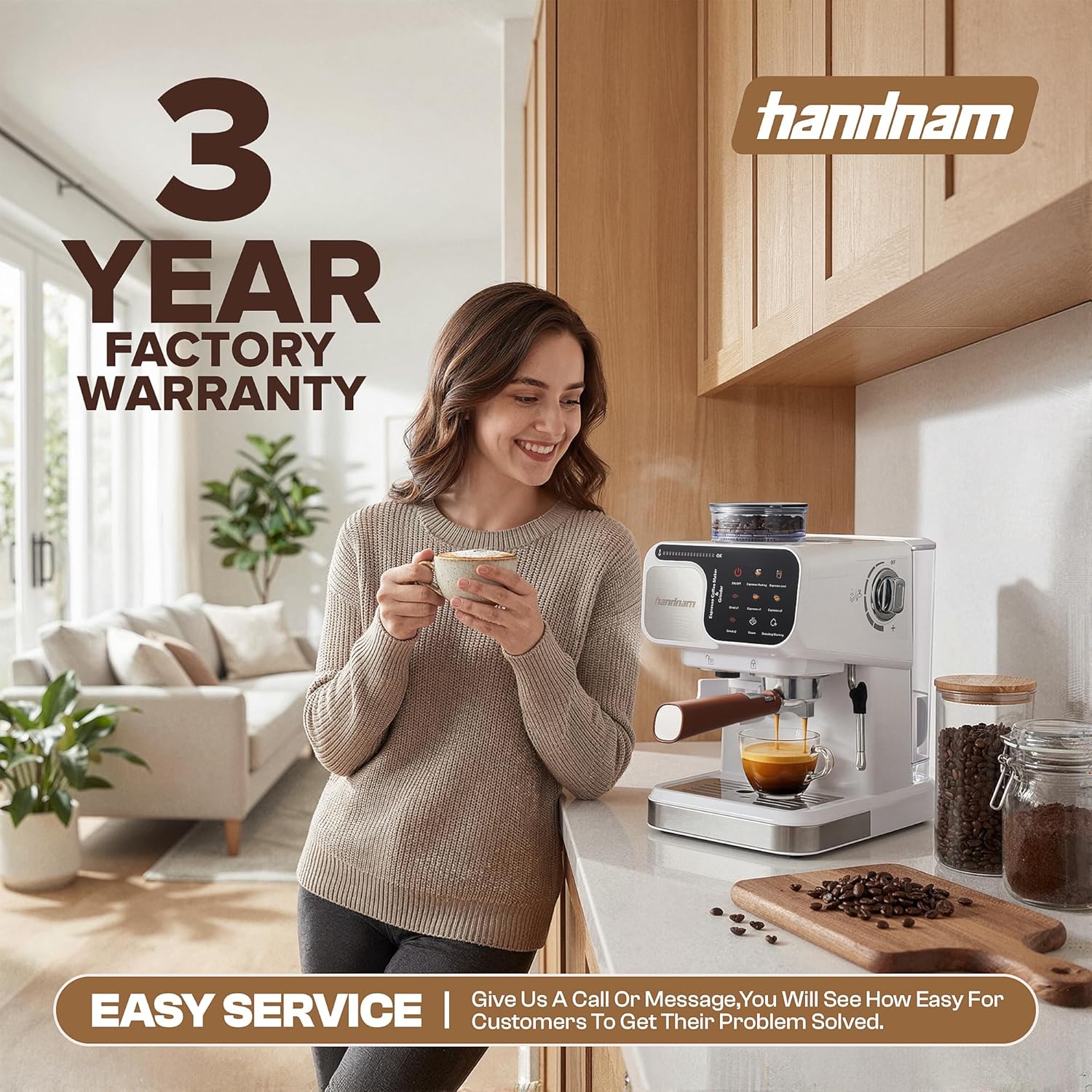 Espresso Machine with Grinder, 20 Bar Professional Espresso Maker with Built-in Burr Grinder, PID Temperature Control, Steam Wand, 58mm Portafilter, 25 Grind Settings, All-in-One Coffee Machine