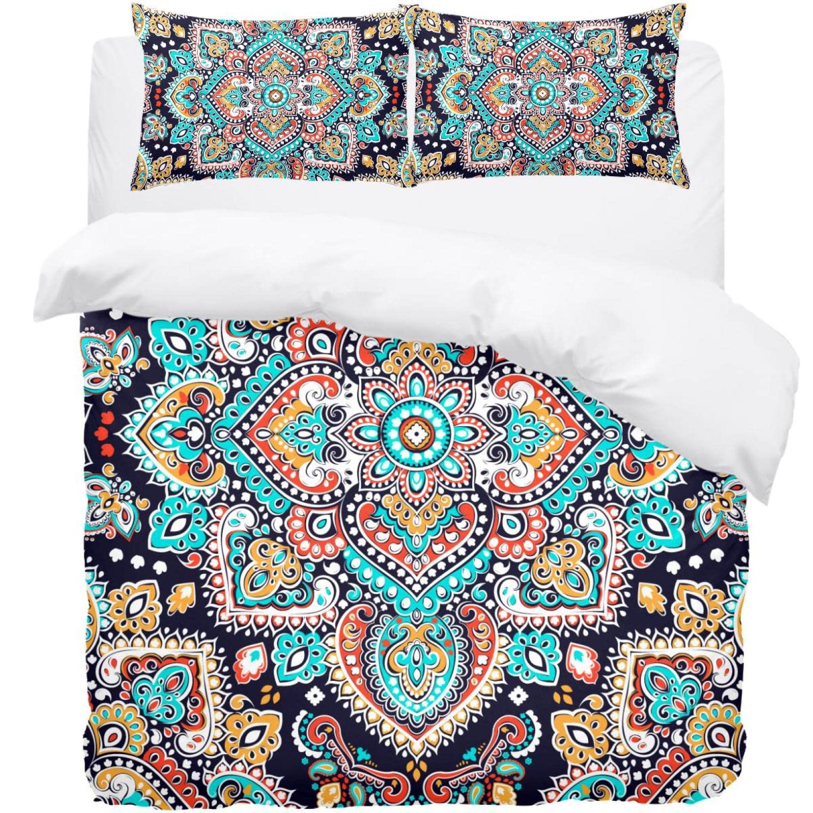 Parure de lit avec housse de couette et 2 taies d'oreiller à motif floral indien