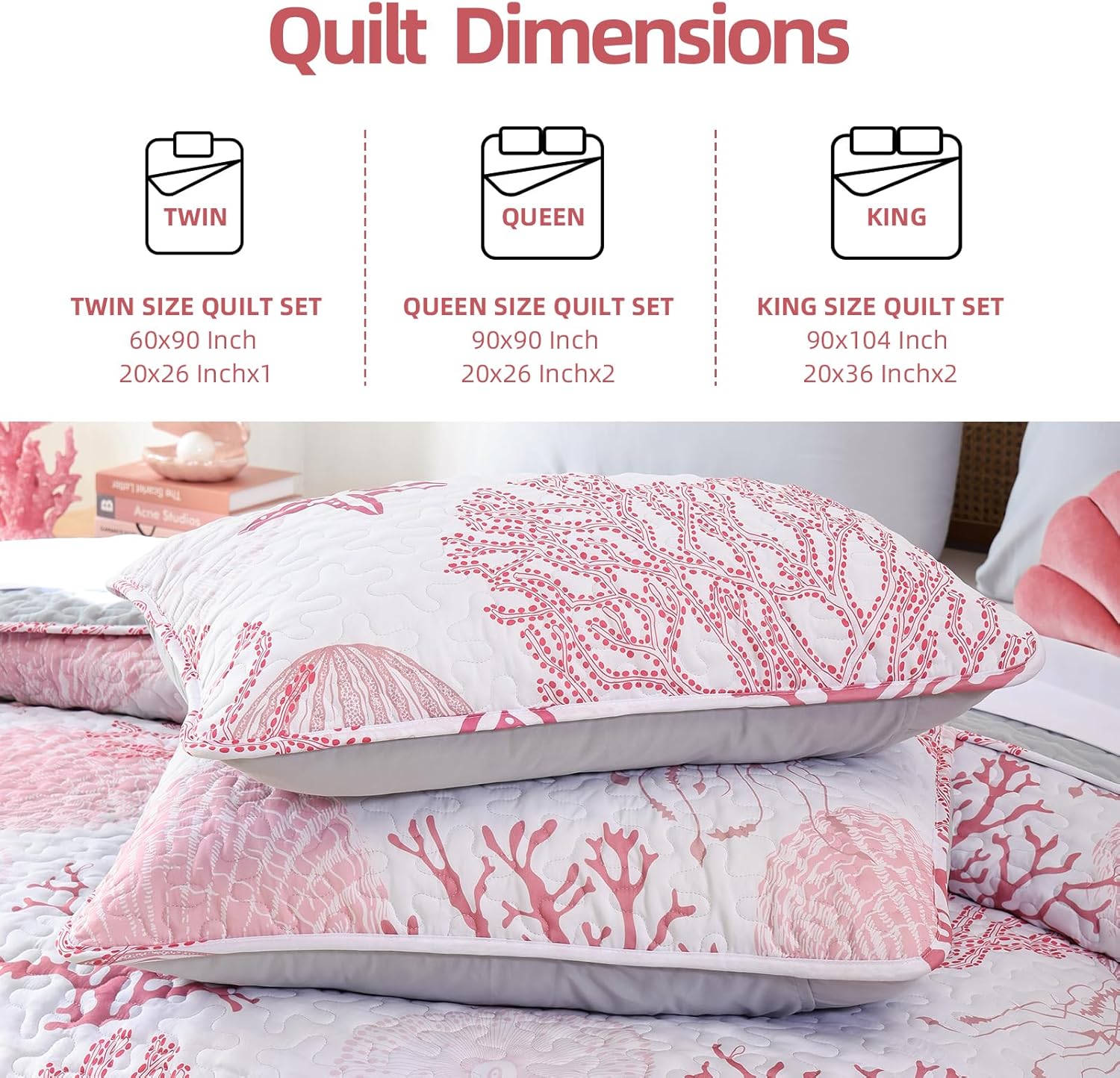 weigelia Coastal Quilts Bedding Set Twin Size - Pink Summer Nautical Bedding Quilt with Pillow Cases, Beach Reversible Quilt Set Bedspreads Coverlet Soft Lightweight Comforter - Image 2