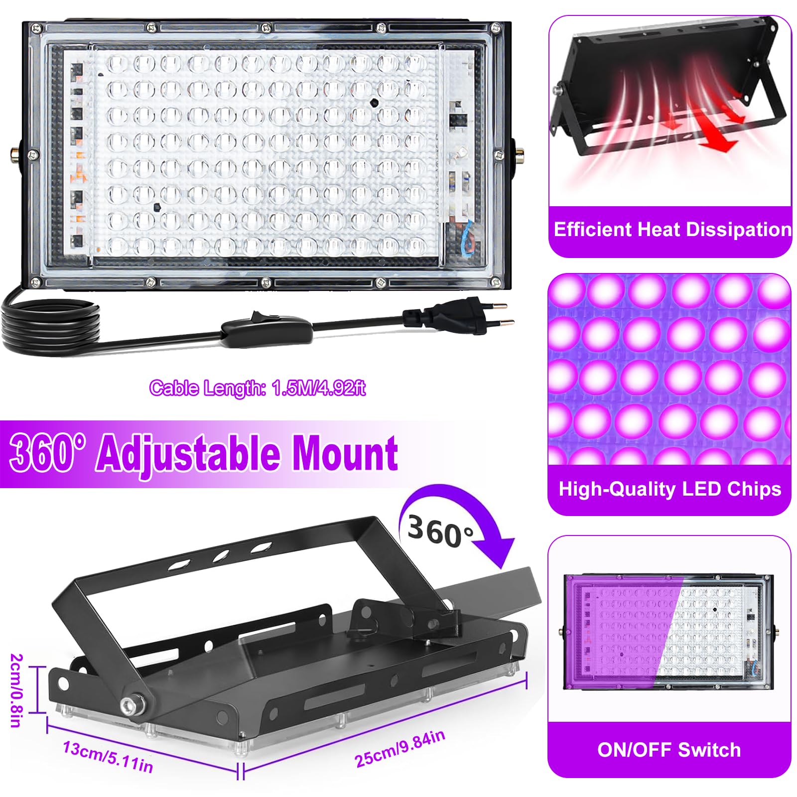 Luce Nera UV 100W, Indmird 2 Pezzi Faretto UV LED con Interruttore, 395-400nm Potente Faro UV Impermeabile IP65 Lampada UV per Festa Glow,Pittura,Acquario,Natale,Halloween