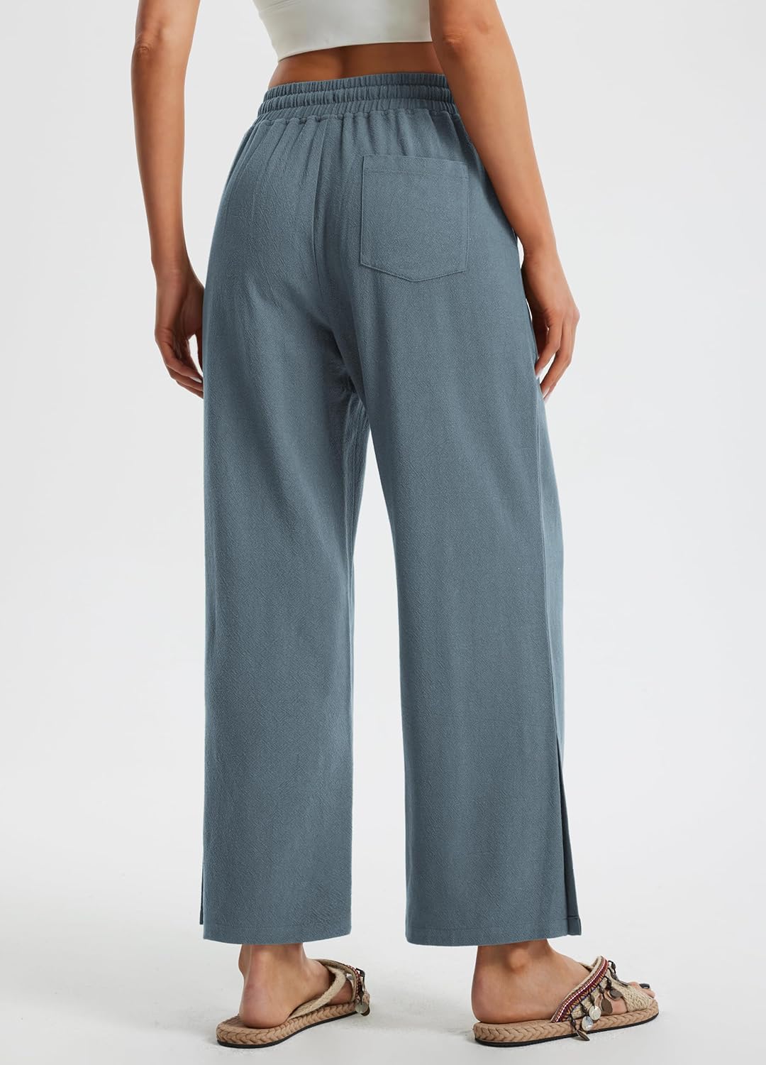 Libin Women Linen Pants Wide Leg Side Slit Ankle Pants High Waist Drawstring Casual Palazzo Loose Beach Pant Cropped Trousers - Image 4