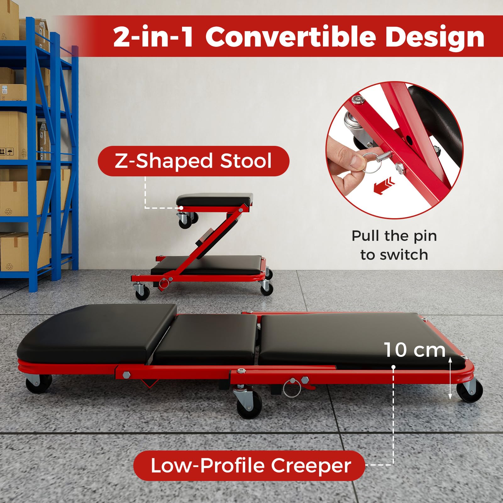 GOPLUS Tabla de Montaje 2 en 1, Taburete de Taller con Ruedas Giratorias de 360°, Camilla de Taller con Capacidad de hasta 150 kg, Tabla de Montaje Plegable con Función de Asiento y Camilla (Negro)