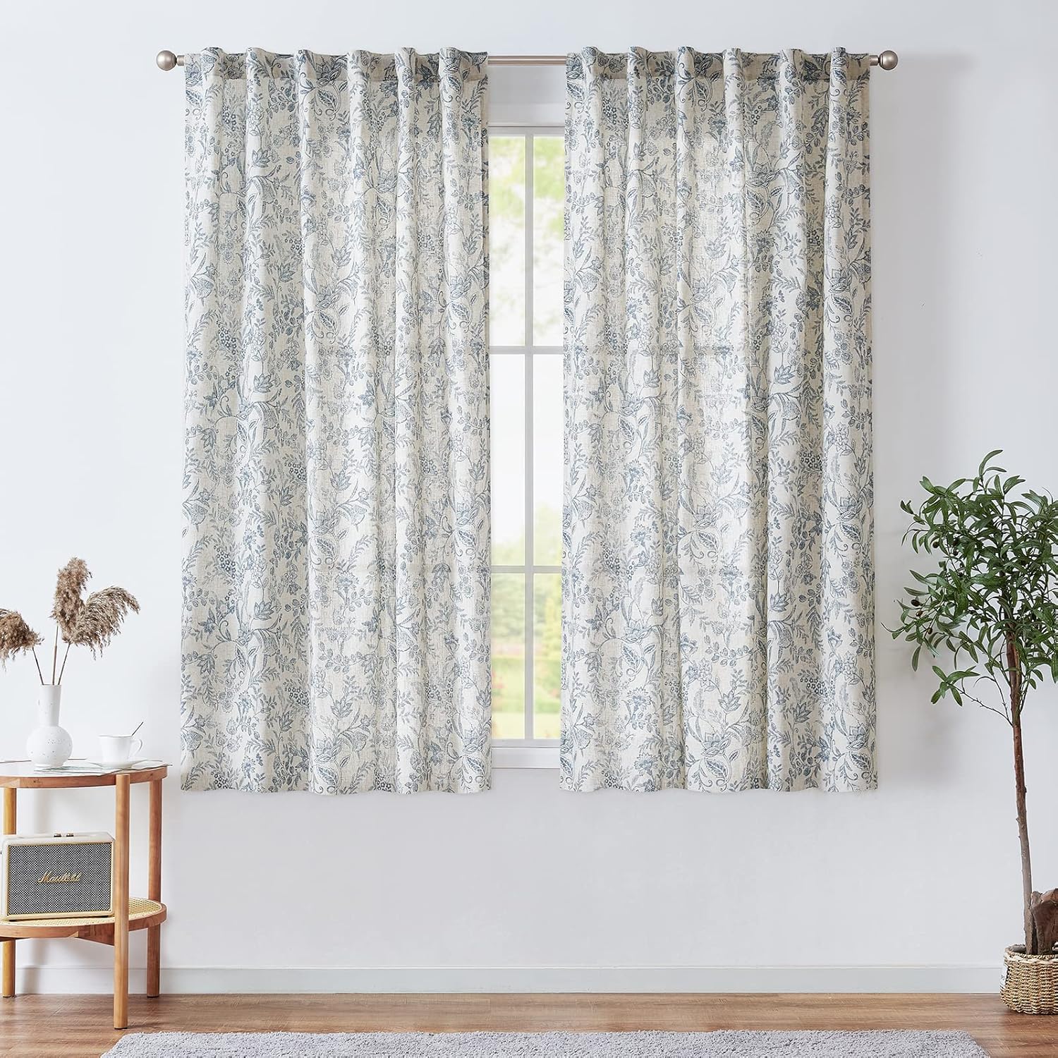 TOPICK Linnengordijnen, bloementordijnen met plooiband, lichtdoorlatend, boerderij, lange gordijnen, raamsjaal voor woonkamer, slaapkamer, raam, set van 2, 140 x 210 H (cm), rood op beige