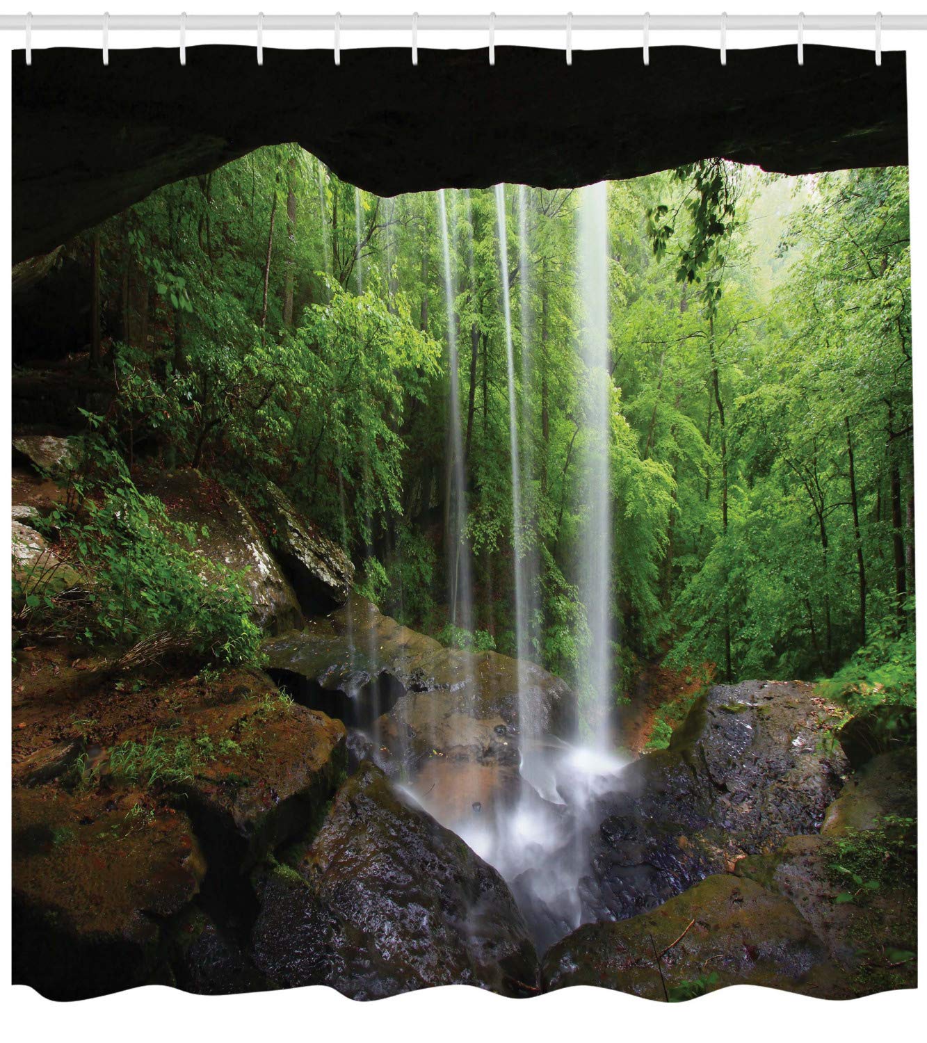 ABAKUHAUS Natural Cave Shower Curtain, Still Waterfall in the Forest in Northern Alabama Habitat Ecosystem Scenery - Image 2