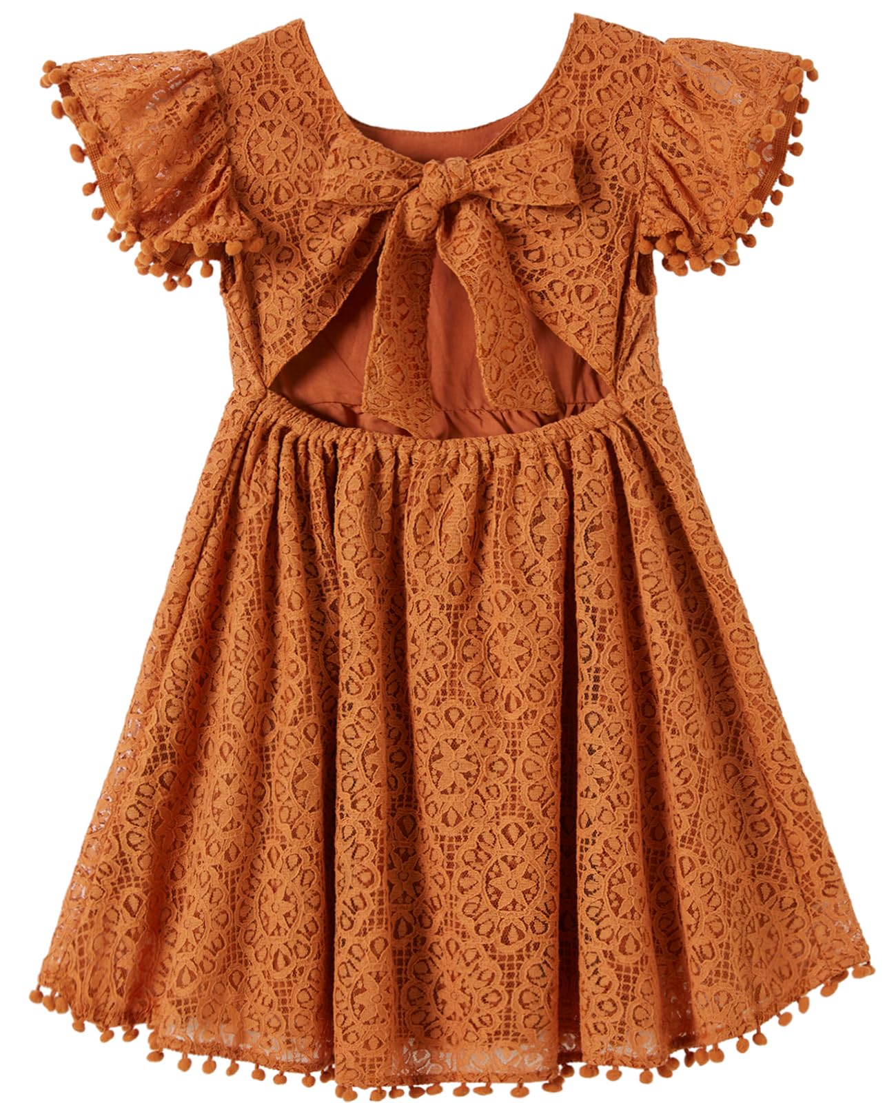 Niyage Backless Toddler Dress Open Back Girls Lace Bow Tie-Back Pom Pom Flutter Sleeves Party Princess Dresses