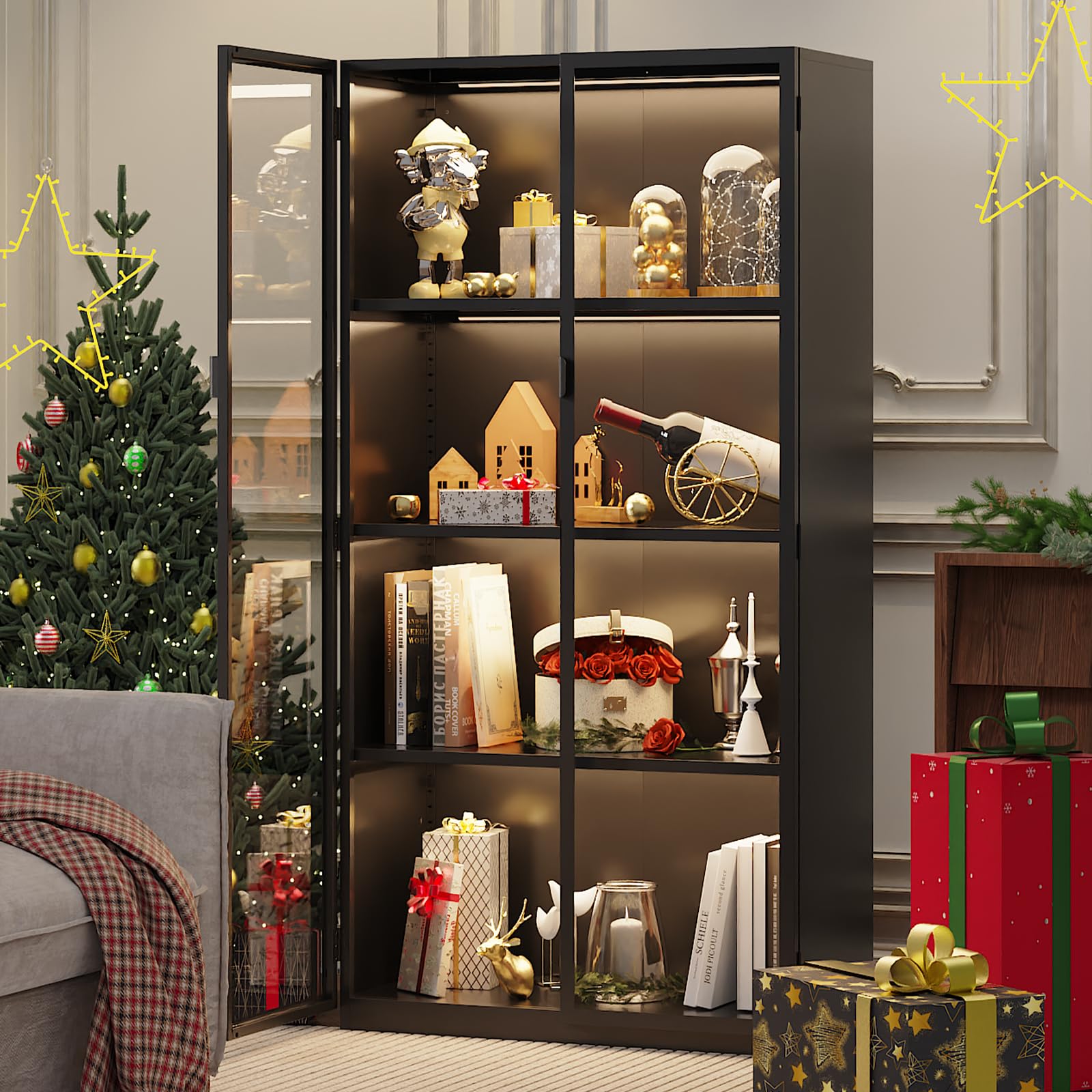 Display Cabinet with Glass Doors and LED Lights, Glass Display Cabinet with 3 Adjustable Shelves,4 Tier of Storage Space Curio Cabinet for Bedroom Living Room Homeoffice Dining Room