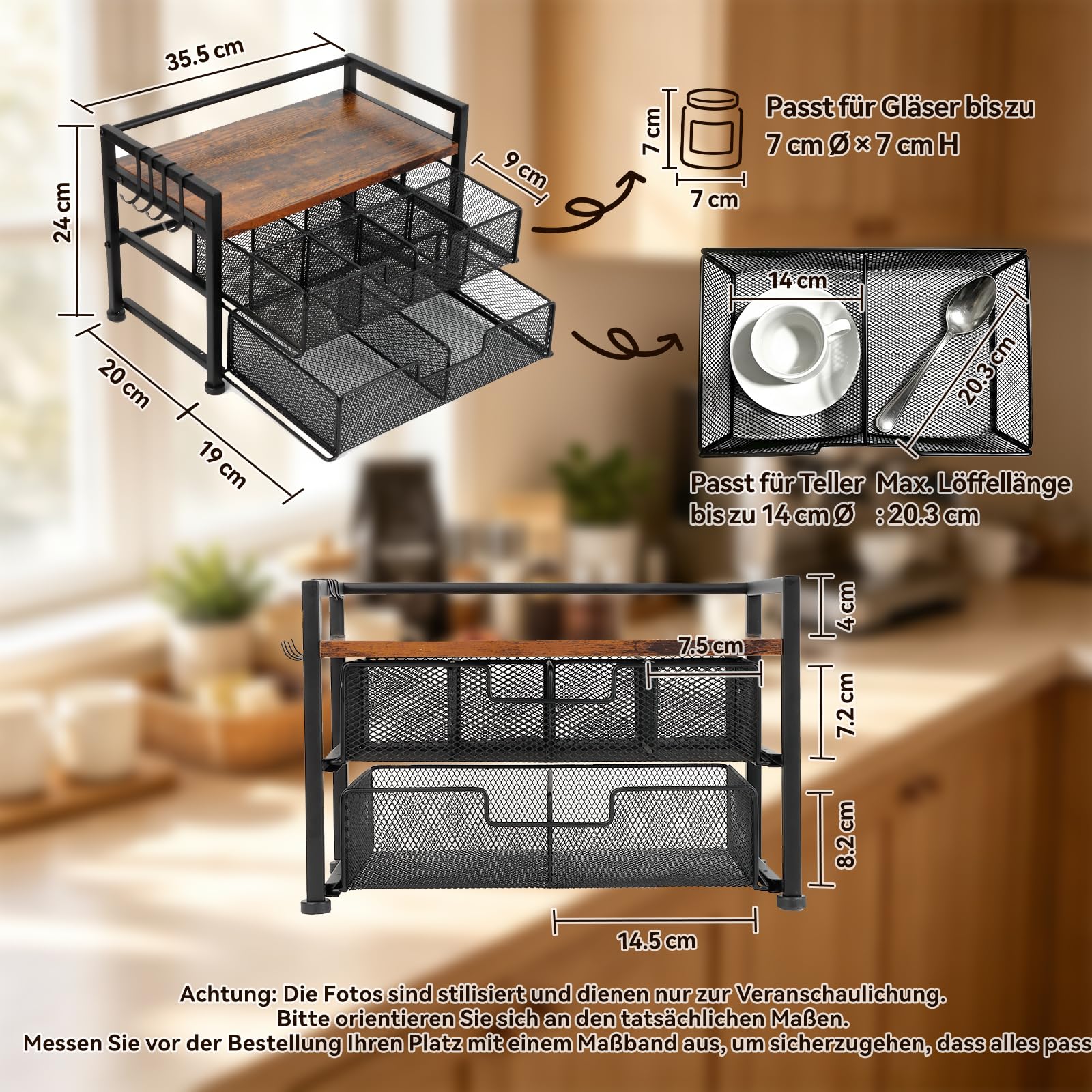 Beslands Teebeutel Aufbewahrung mit 2 Schubladen & 4 abnehmbaren Haken, Tee Organizer mit 8 kleinen + 2 großen Fächern, vielseitige Tee Aufbewahrung für Arbeitsplatte, Kaffeebar & Schreibtisch