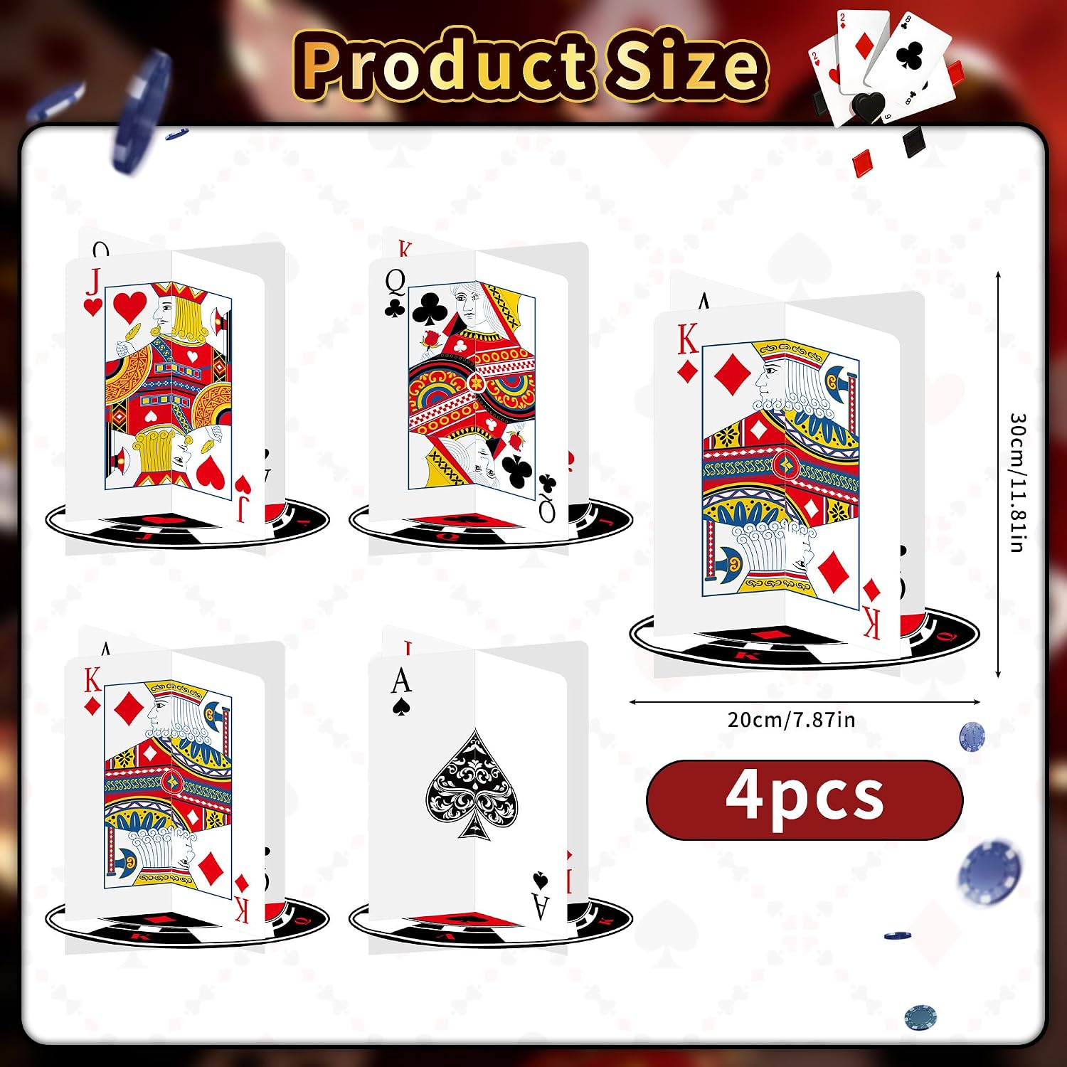 4 Pack Casino Centerpieces for Tables,Casino Themed Table Decoration | Casino Theme Party Decorations,3D Poker Cardboard for Vegas,Game Night Party Casino Decoration,Birthday Casino Party Supplies