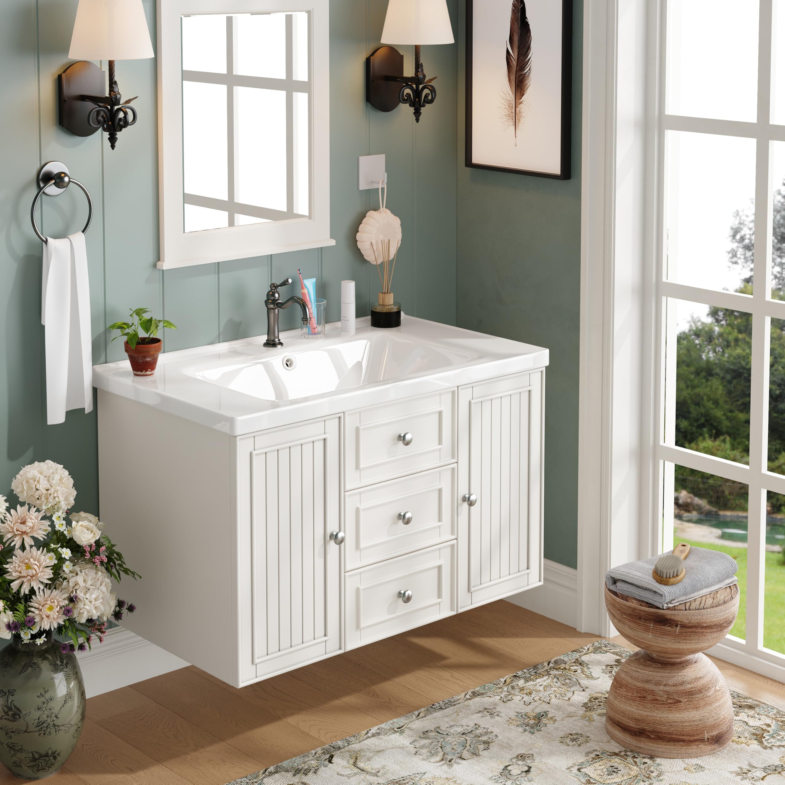 Merax Mueble bajo lavabo, armario bajo, mueble de baño, armario bajo lavabo con 4 cajones y 1 puerta, lavabo colgante, estilo moderno, conjunto de muebles de baño, con lavabo, color blanco