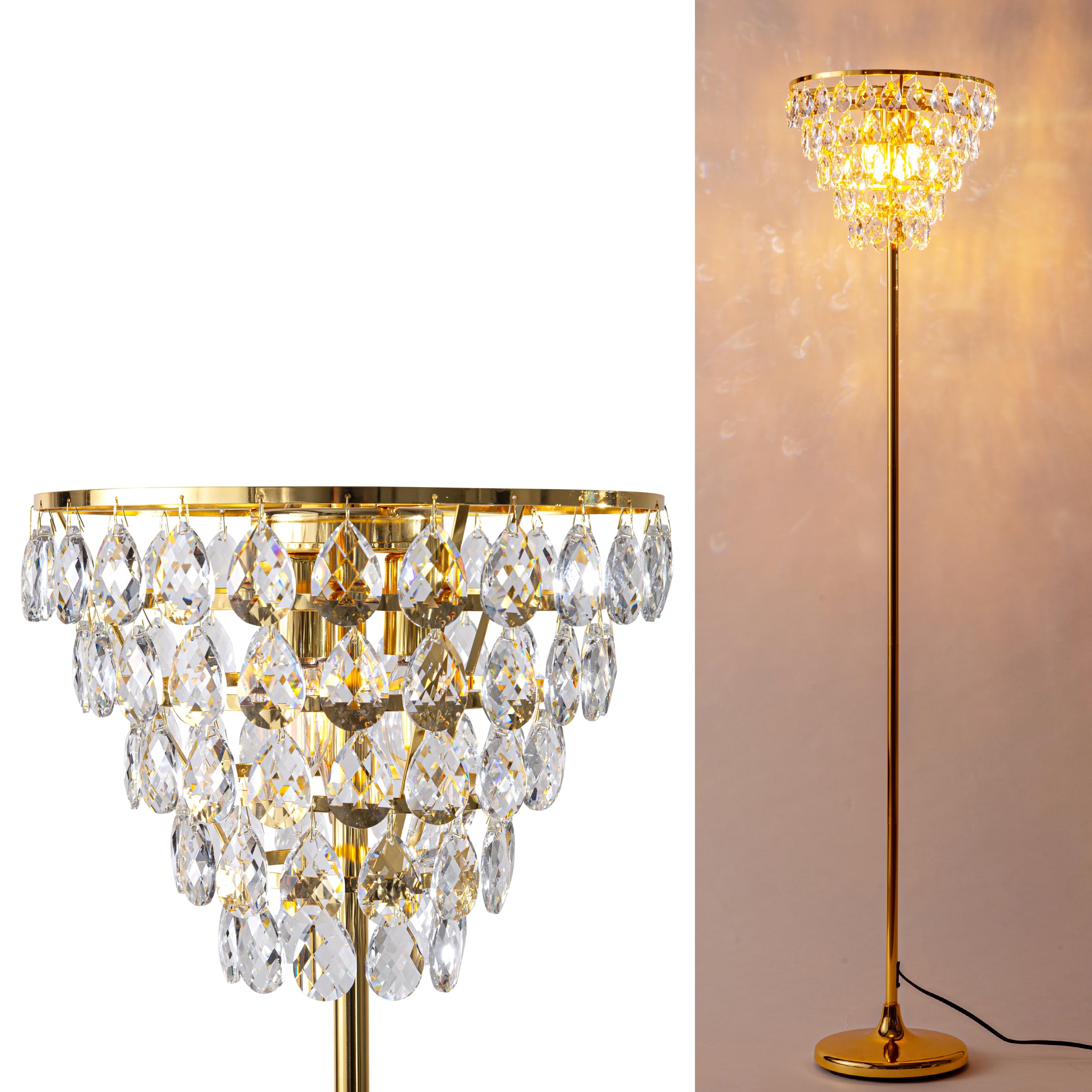 Alpinaluz Kryształowa lampa stojąca – stylowy design ze złotą podstawą, abażurą wodospadową i 3 lampami E14, nowoczesny styl do salonu, sypialni i biura
