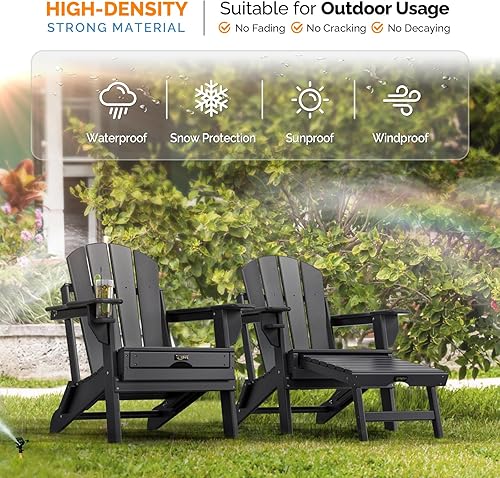 Miniatura 4 de VINGLI Silla plegable Adirondack con otomana, silla impermeable de plástico HDPE para exteriores con reposapiés ocultos, asiento ergonómico plegable