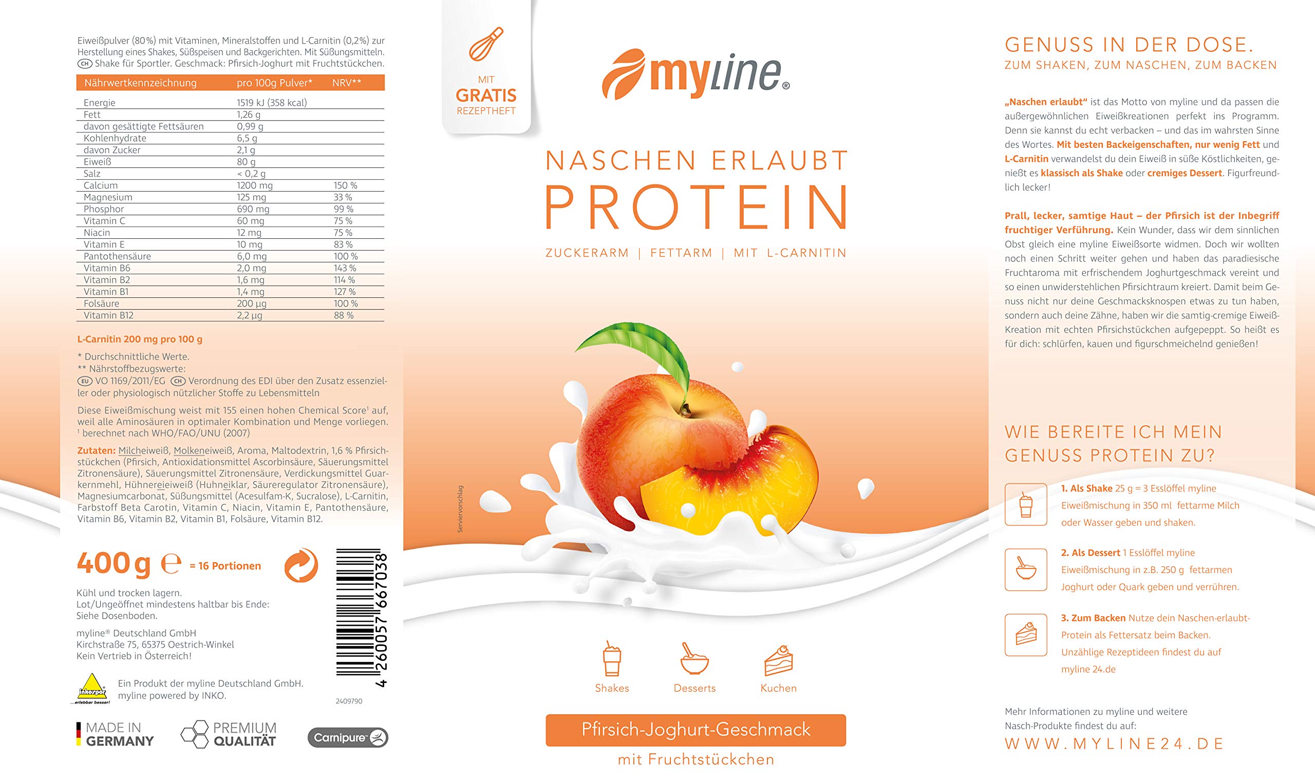 myline Protein Pfirsich-Joghurt mit Fruchtstückchen - hochwertiges Proteinpulver inkl. Rezeptheft - 400g Dose