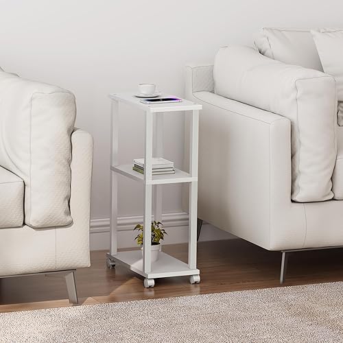 Miniatura 4 de TUTOTAK Mesa auxiliar pequeña, mesa auxiliar estrecha, mesita de noche, mesa auxiliar de sofá con ruedas para sala de estar o dormitorio, blanco