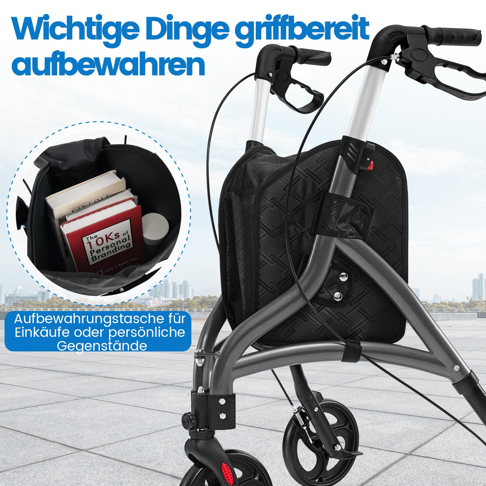 COSTWAY Rollator schmal für Wohnung, Dreirad, faltbar und leicht, Gehhilfe 6-fach höhenverstellbar, Gehwagen mit Tasche & Bremse, Aluminiumrahmen, klappbar für Senioren & Erwachsene (Grau)