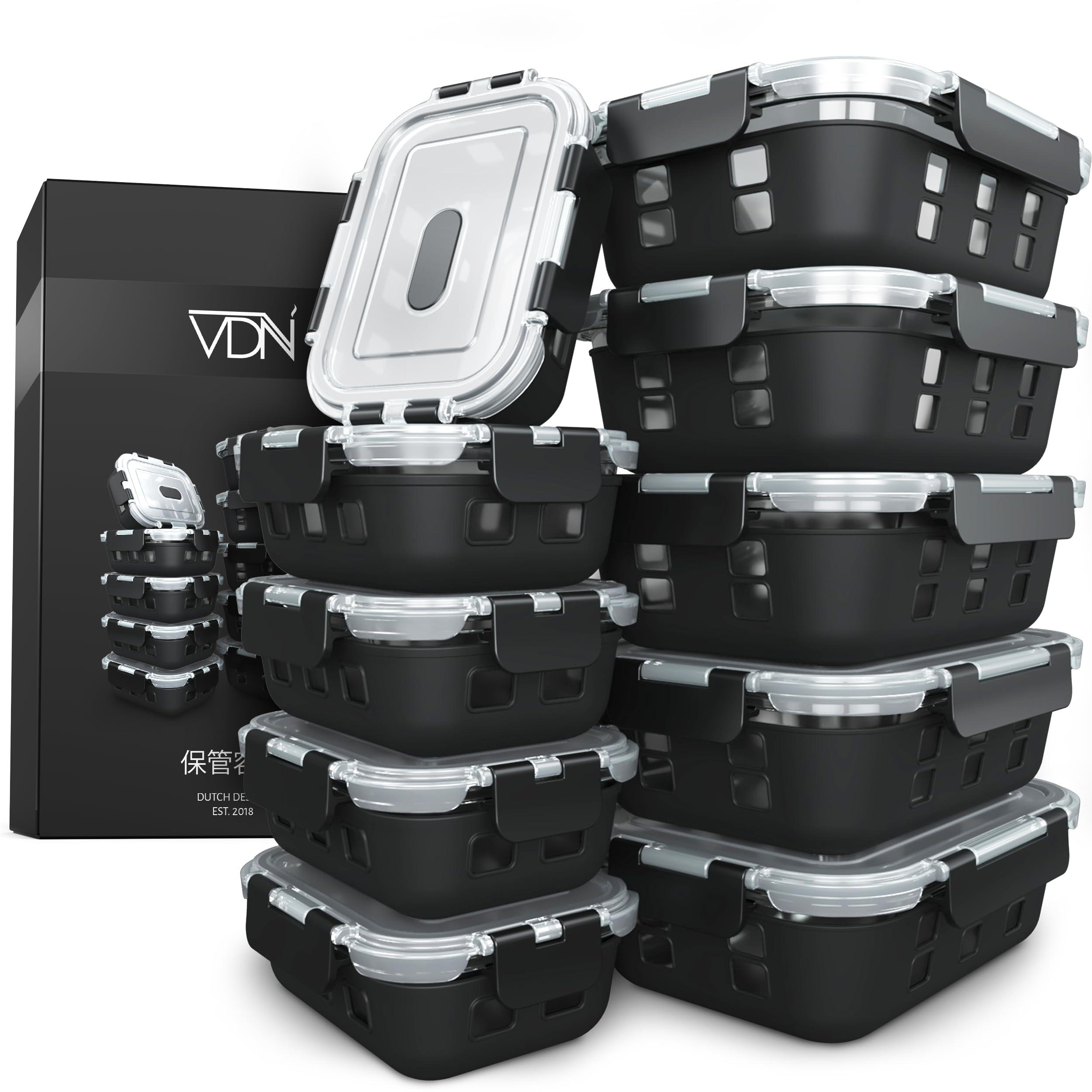 VDN Frischhaltebehälter Glasbehälter - 10 Stück Set - Borosilikatglas mit Silikonhülse - Mahlvorbereitende Behälter - Gefrierbehälter - Mikrowellengeeignet mit Ventil - 5x1040ML & 5x370ML - BPA Frei