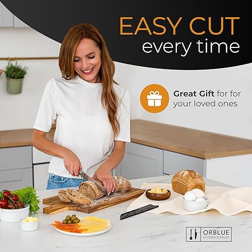 Miniatura 5 de Orblue Cuchillo de pan dentado, cortador de pan de acero inoxidable ultra afilado de grado profesional, corta panes gruesos sin esfuerzo (hoja de 8