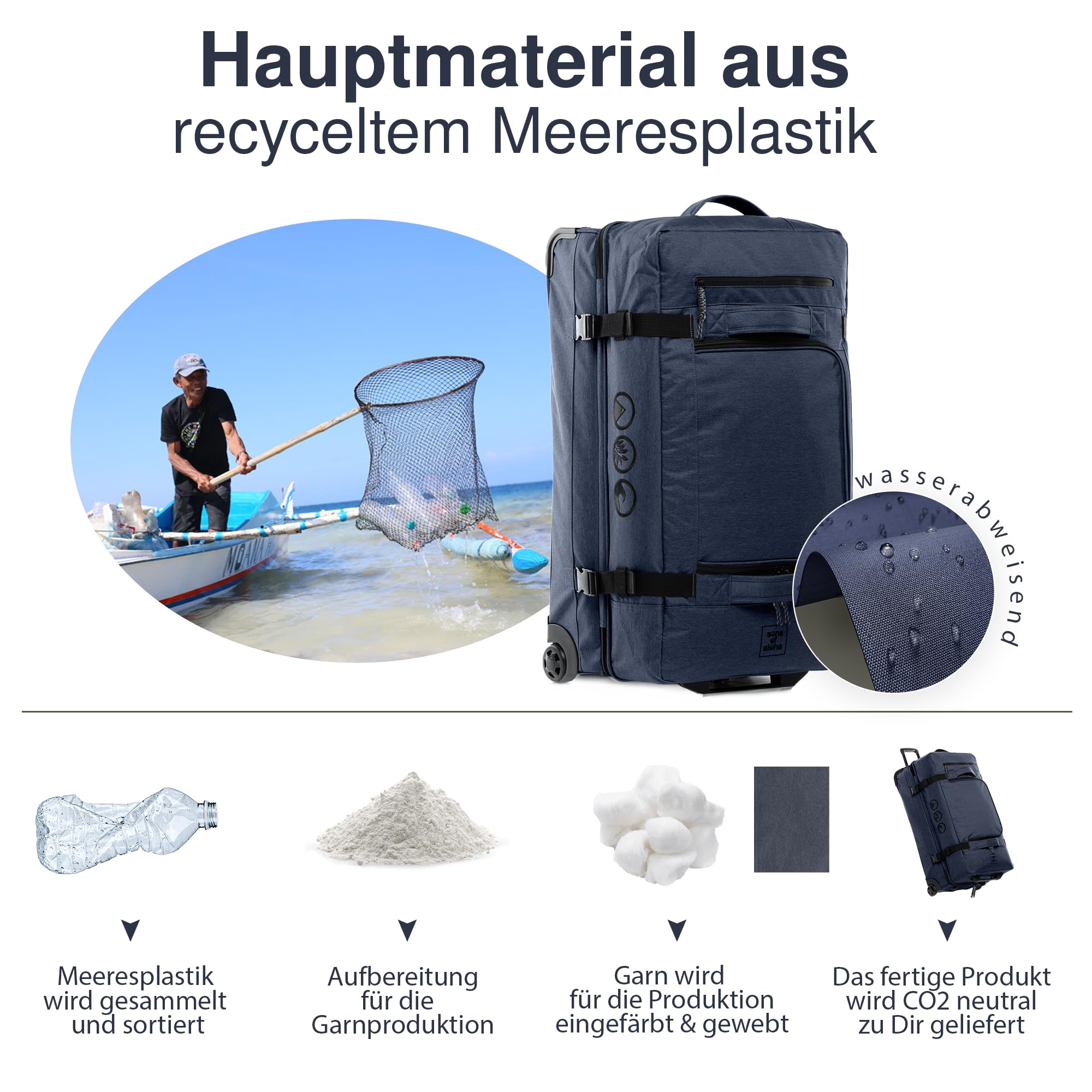 Große Reisetasche mit 2 Rollen Kane Rollkoffer 80 cm Koffer Sporttasche Reise-Trolley, recyceltes Meeresplastik