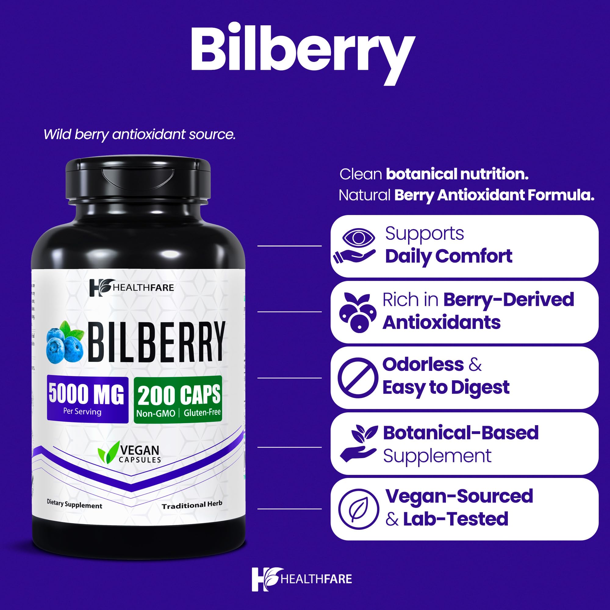 Healthfare Bilberry Supplement | 200 Vegan Capsules | Bilberry Extract (Vaccinium myrtillus) | Extra Strength | Non-GMO, Gluten-Free | Made in USA — Amazon image 2