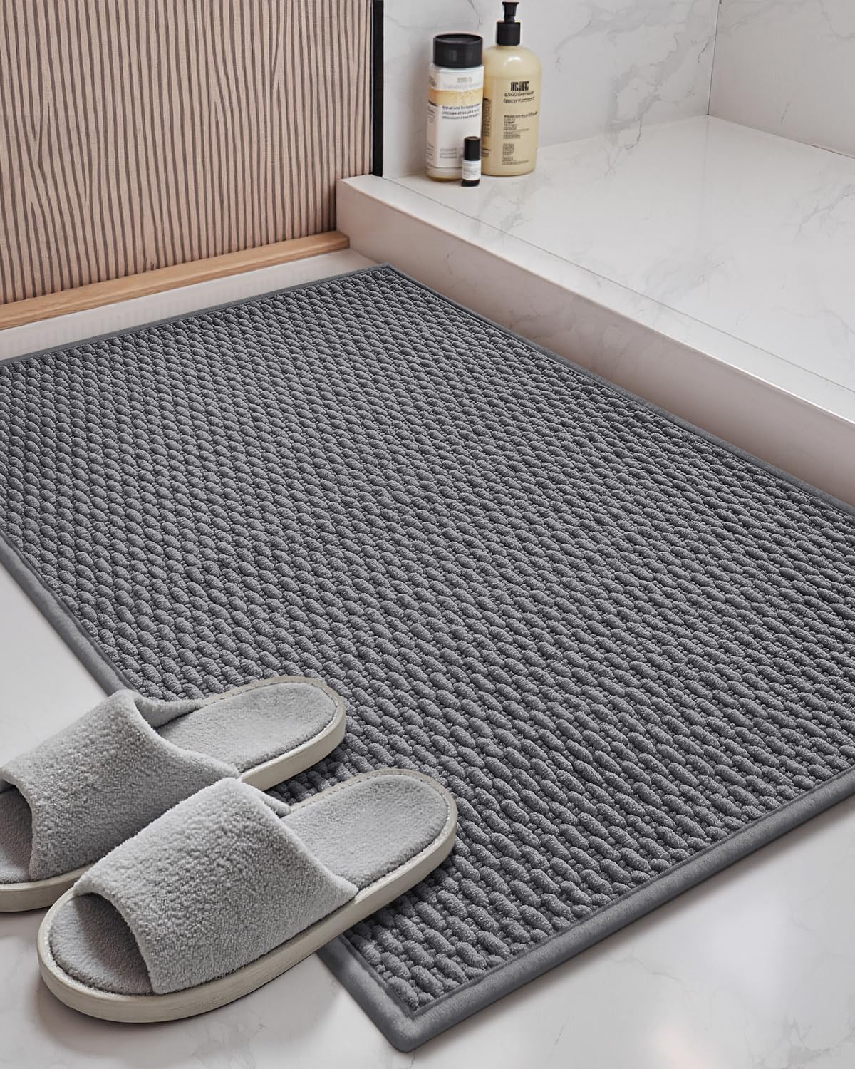 Color&Geometry Bathroom Rugs with Rubber Backing, Non Slip Machine Washable Bath Mat, Soft Absorbent Chenille Boho Carpet for Bathroom Floor, Tub and Shower,16"x24", Dark Grey