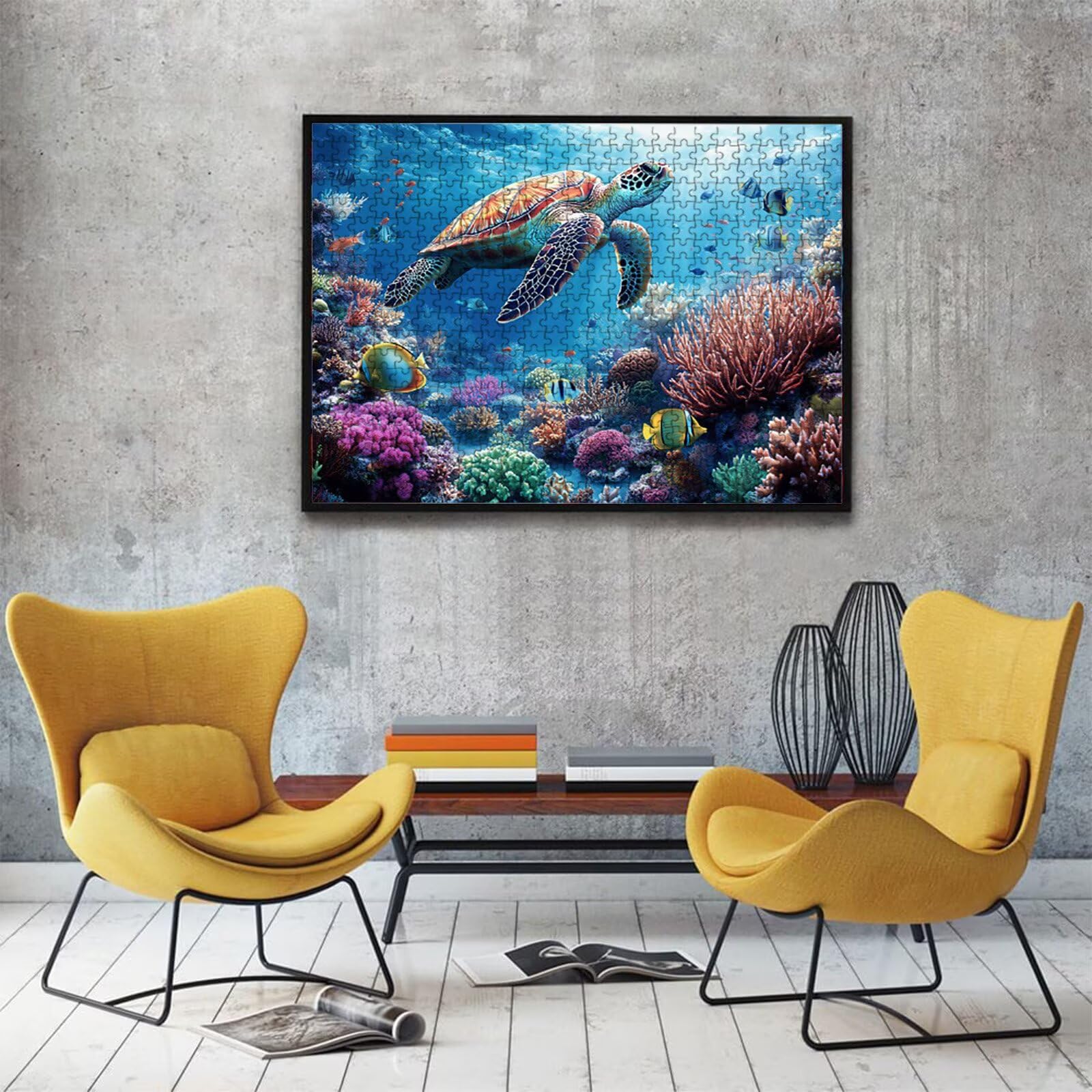 Puzzle 1000 elementów, puzzle 1000 elementów dla dorosłych, trudne puzzle, druk w wysokiej rozdzielczości i jasne kolory, drewniane puzzle żółw morze koralowe z wykwintnym pudełkiem do pakowania W3H