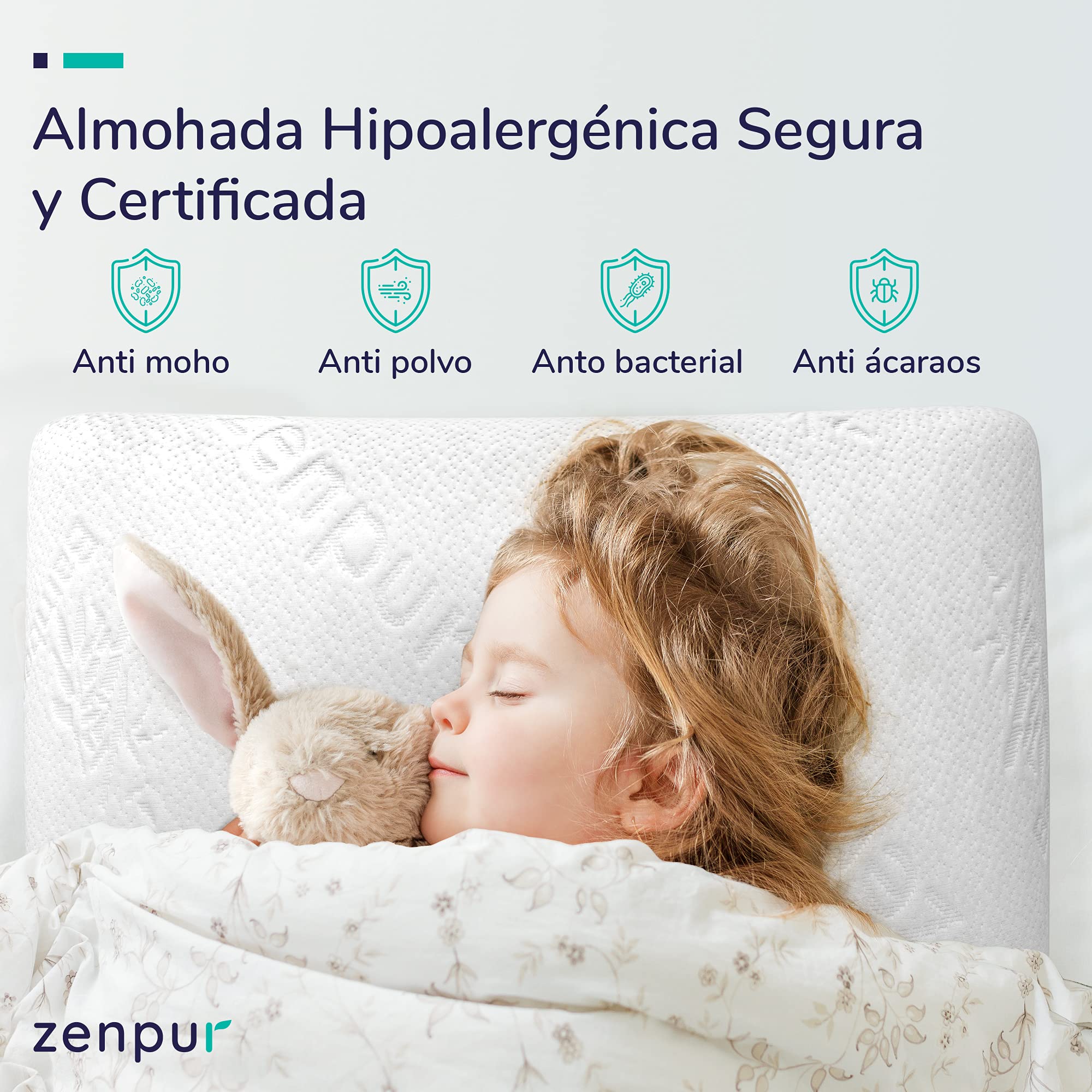 ZenPur Almohada Viscoelastica, Almohada Ortopédica con Funda de Bambú Fabricada en la EU, 2-Pack, Almohada Cervical Ideal para Dormir de Lado y para una Alineación Óptima de Cuello, Hombros y Columna