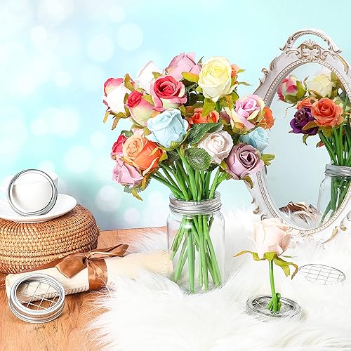 Miniatura 3 de Geiserailie Soporte para tarro de flores de masón, tapa de metal de flores, inserto de tapa organizadora de flores de rejilla de masón, inserto para