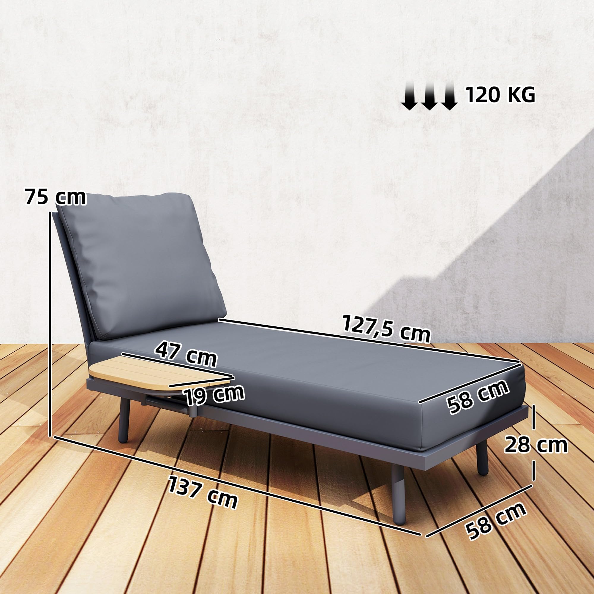 Outsunny Chaise Longue de Jardin Bain de Soleil Étagère Latérale Gris