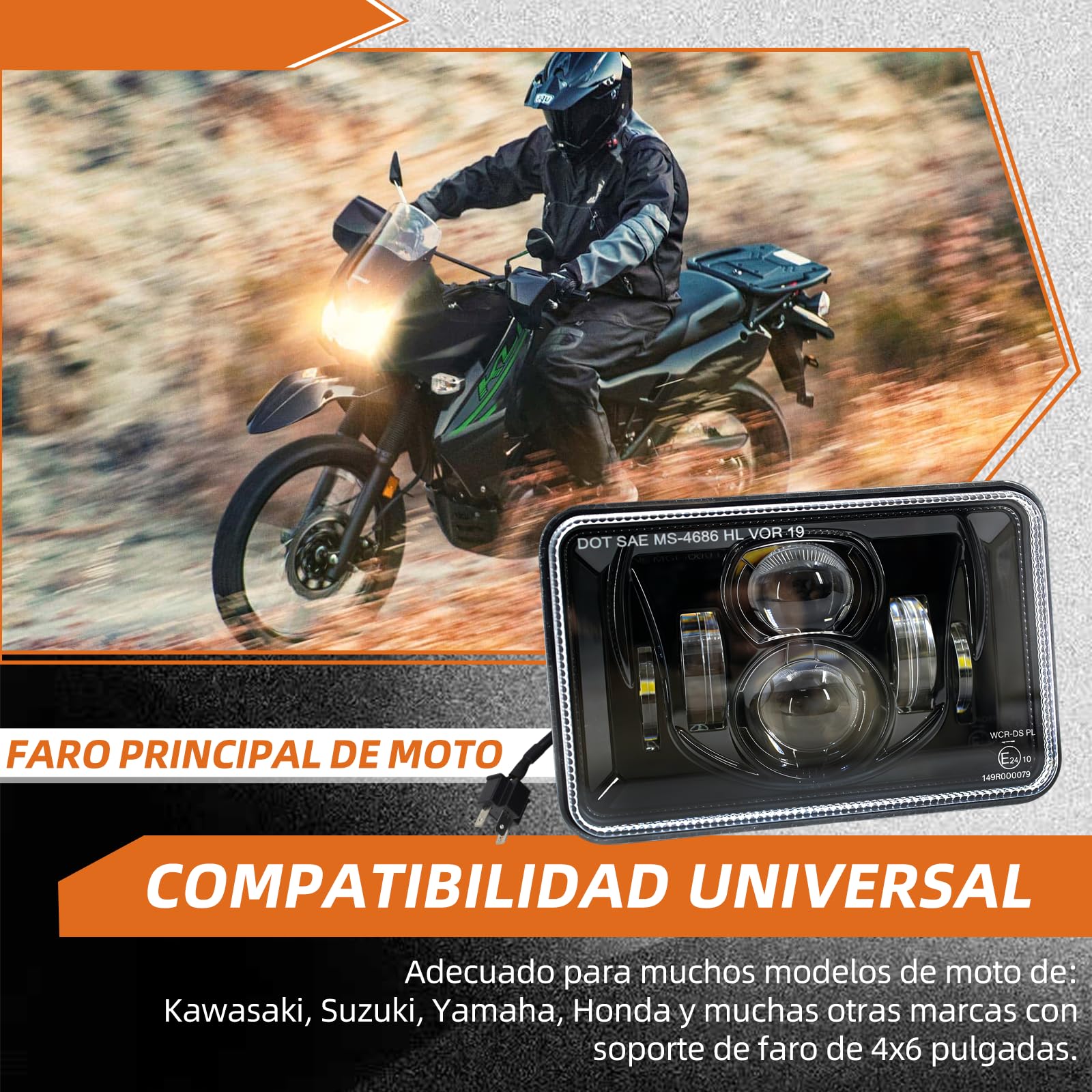 Faro LED para moto de 4x6 pulgadas, homologado E, con luz de carretera, luz de cruce y luz antiniebla, compatible con Kawasaki KMX125 200, KLR250 600 650 y Suzuki DRZ400, negro.