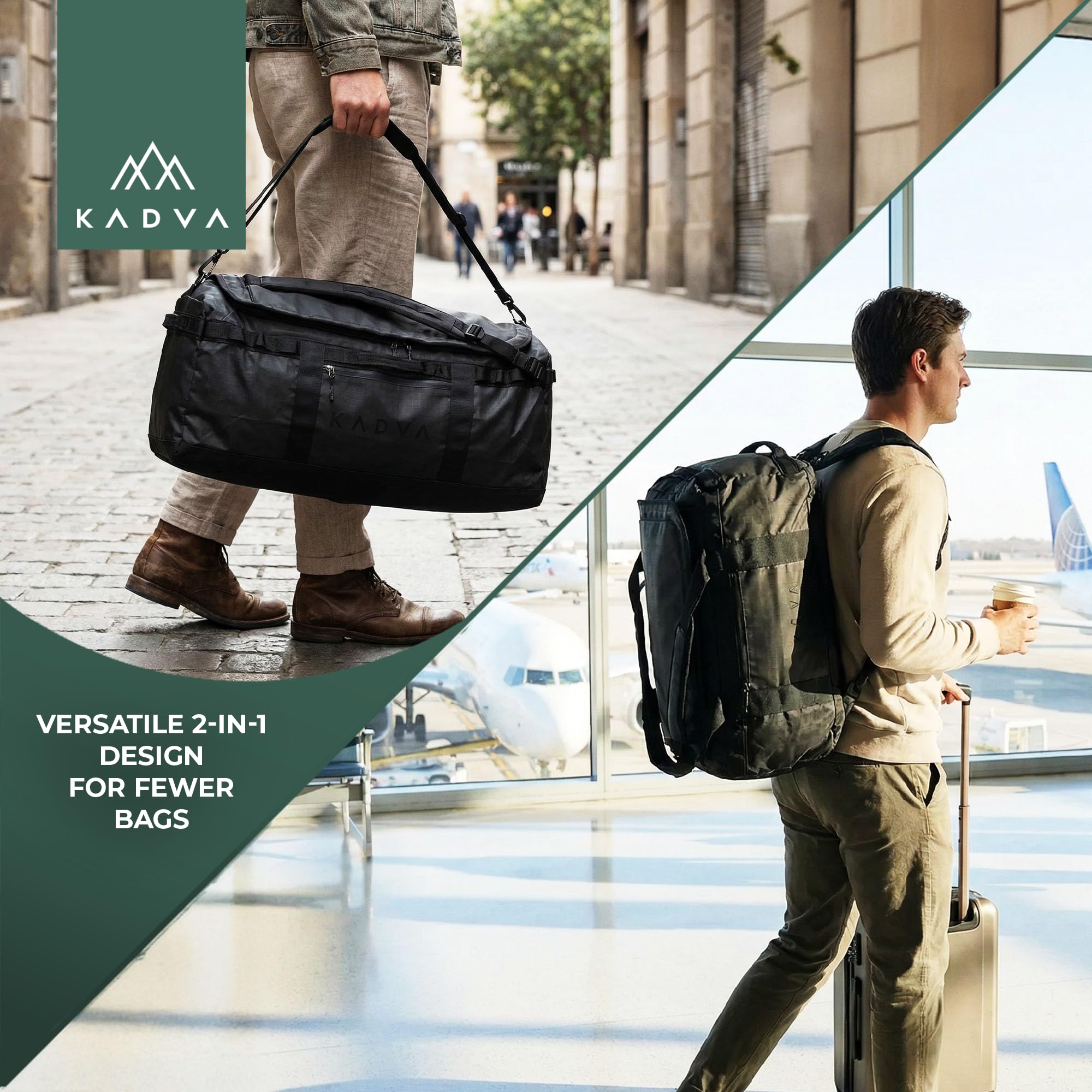KADVA Alltaker Duffel Bag Sac de Sport et Sac à Dos 2 en 1 (40 l, 60 l, 90 l) – Sac de Voyage étanche avec Compartiment à Chaussures – Bretelles cachées – Grand Sac d'entraînement pour Homme et Femme