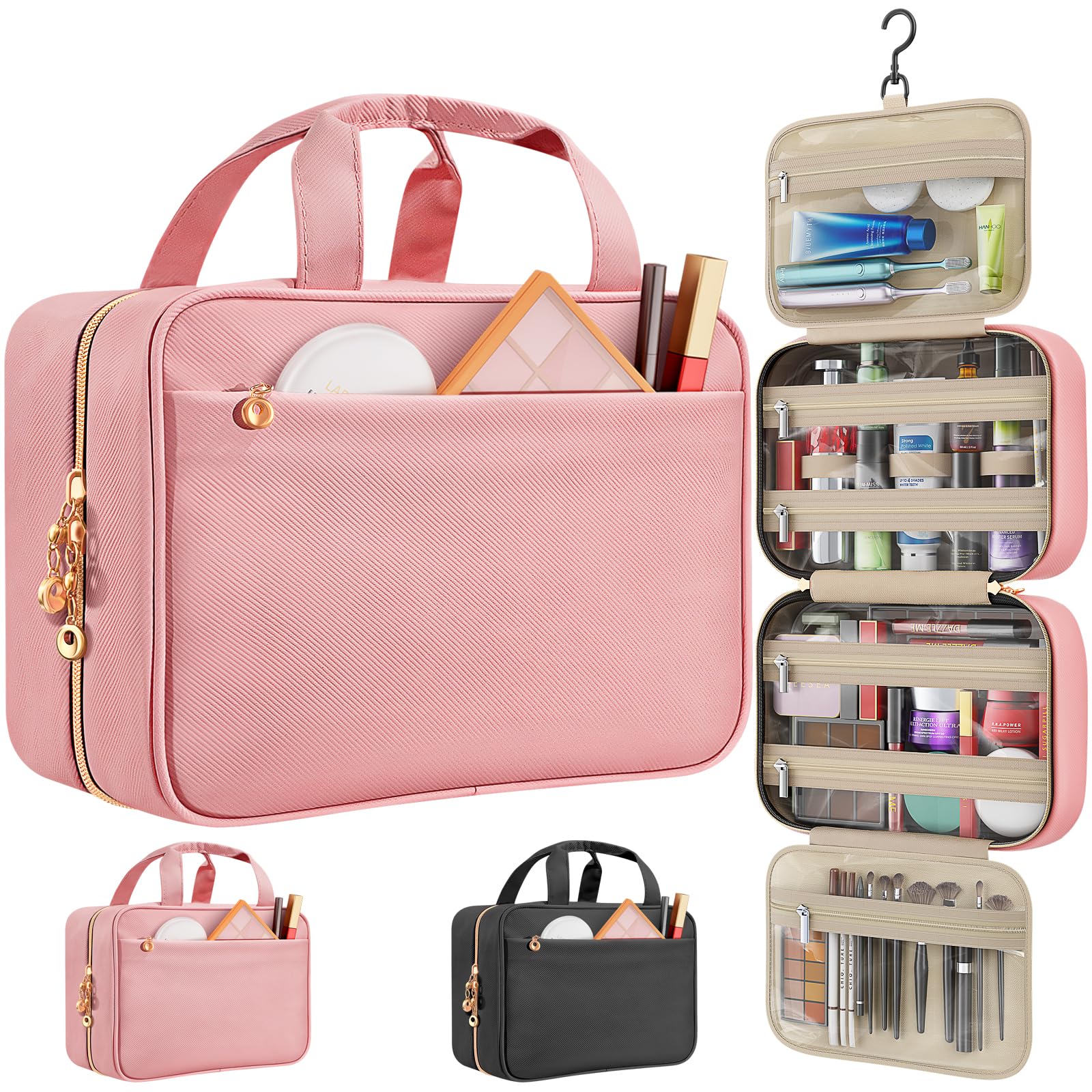 Voyree Travel Toiletry Bags, Portable Travel Bag with Hanging Hook for Women, Waterproof and Hanging Makeup Bag Travel Organizer Accessories for Travel Essentials (Pink, Medium) - 2