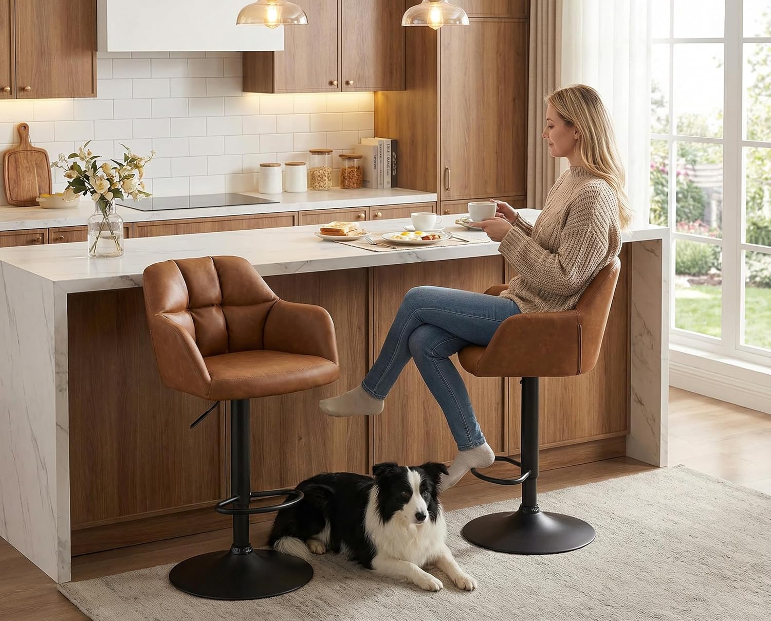 ROCITY Swivel Bar Stools Set of 2 Leather Kitchen Counter Stool Chair Upholstered Island Chairs Adjustable Barstool with Back, Brown Bar Stools