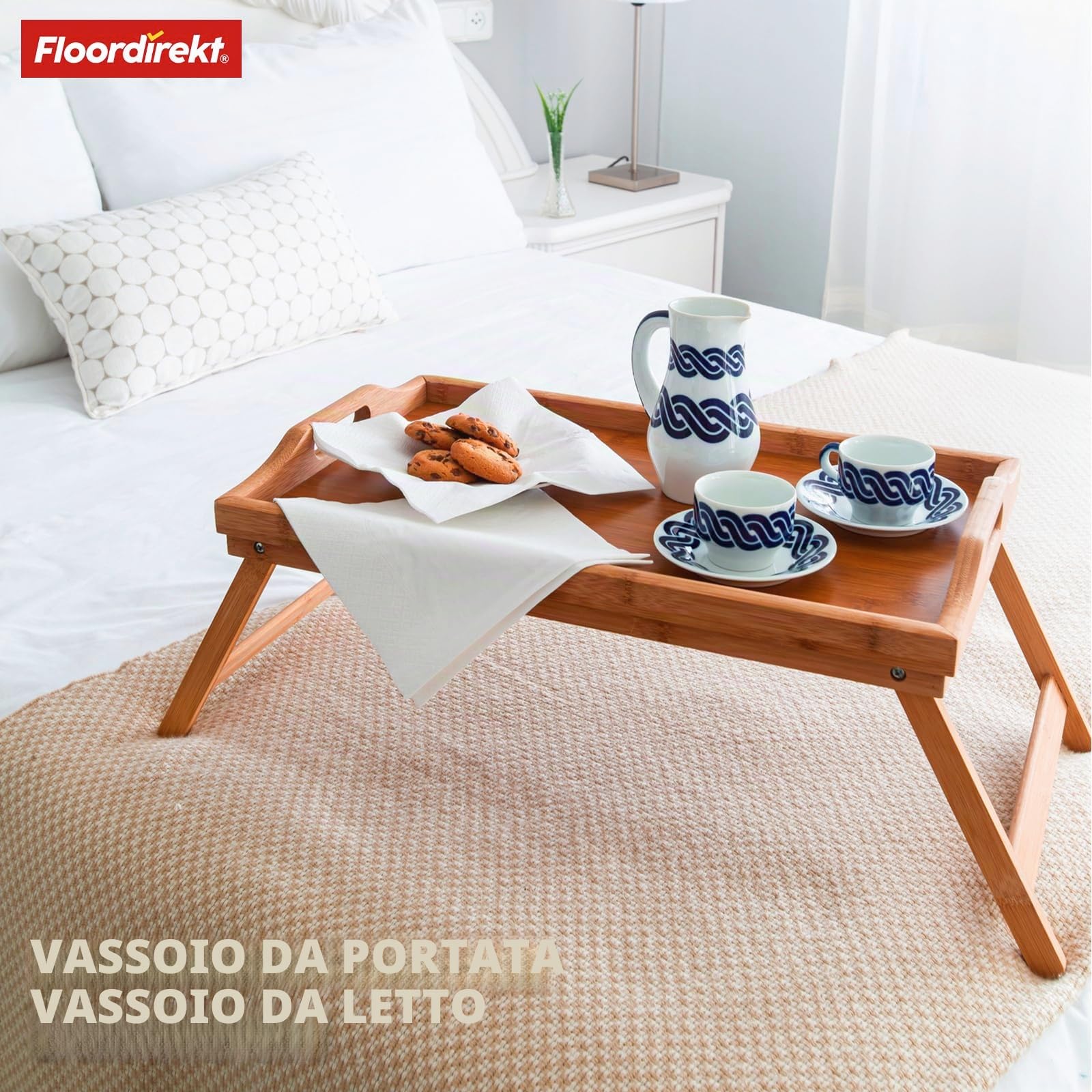 Floordirekt Vassoio da portata con piedini, vassoio in legno di bambù, vassoio per la colazione, pieghevole, multifunzione, vassoio da letto, dimensioni 50 x 30 x 23 cm (Utah)
