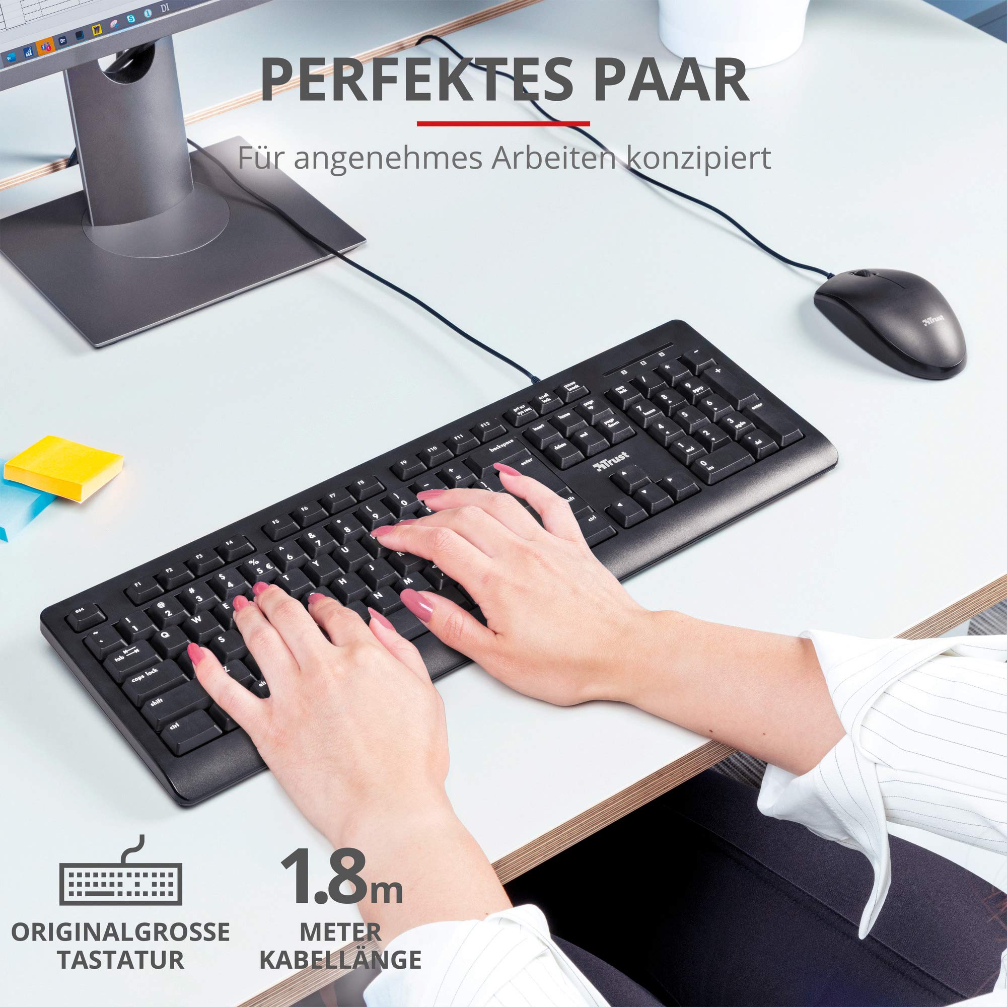 Trust Taro zestaw przewodowej klawiatury i myszy, niemiecki układ QWERTZ, ciche przyciski i myszy, ochrona przed rozbryzgami wody, port USB, do komputera, laptopa, MacBooka, Windows, macOS – czarny