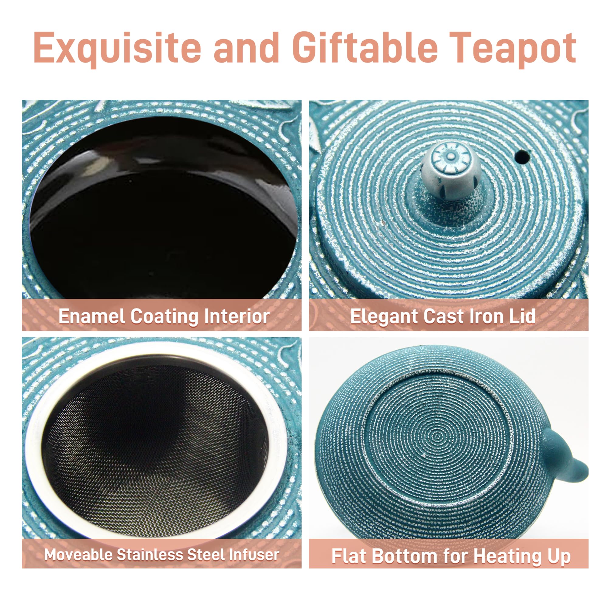 Tetera de hierro fundido, tetera SECHUDO recubierta con interior esmaltado para té suelto, tetera de hierro fundido con infusor de acero inoxidable para estufa segura (27 onzas, patrón 2)