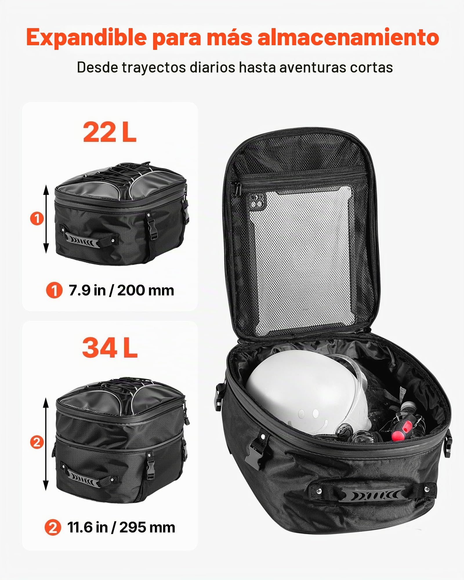 VEVOR Bolsa Trasera a Asiento de Motocicleta 22-34 L, con Funda Impermeable para Lluvia, para Portaequipajes, con Correas y Cordón Elástico, Tela Oxford 1680D Cuero PU, 390 x 310 x 295 mm, Negro